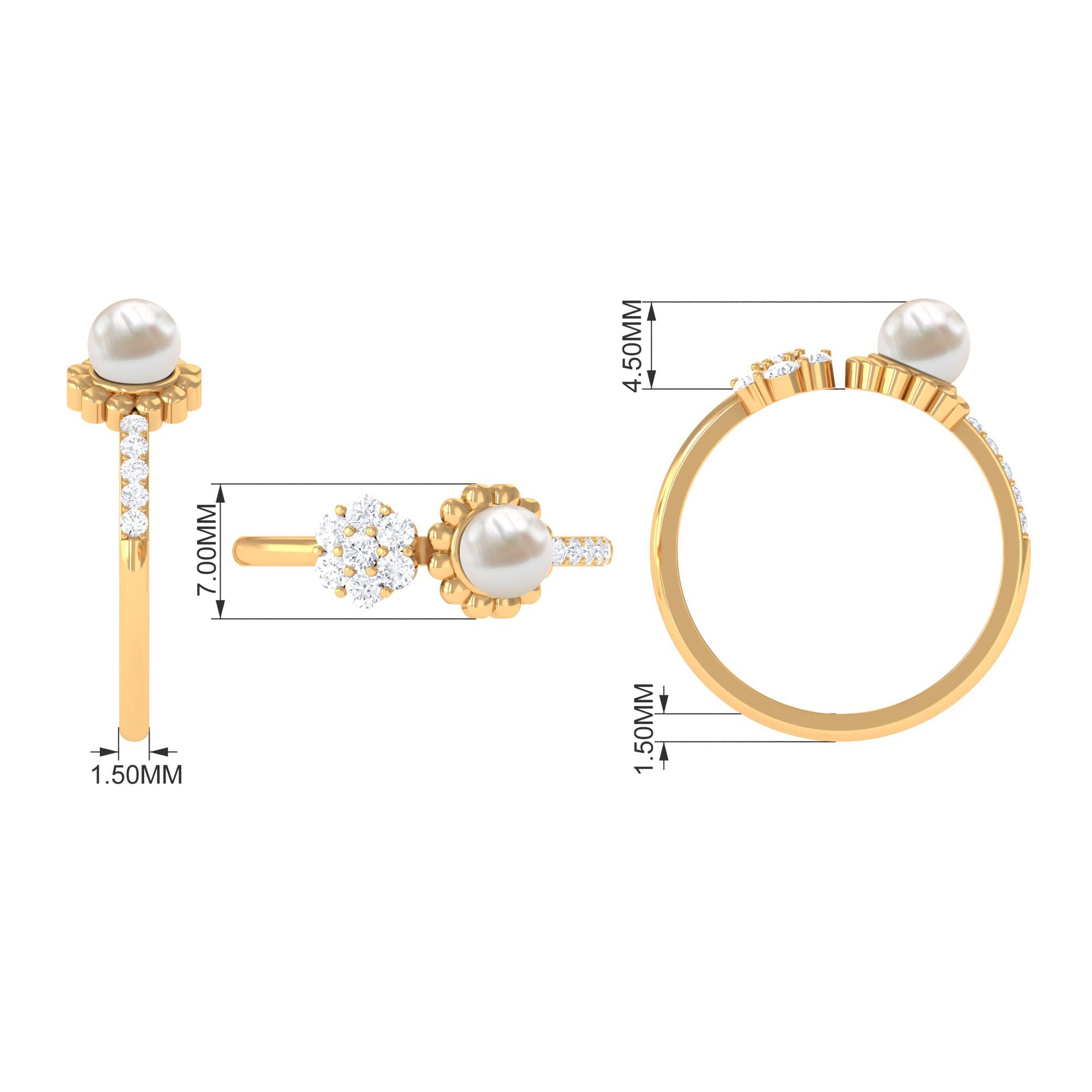 Rosec Jewels-Natural 2 Carat Freshwater Pearl Diamond Flower Cuff Ring