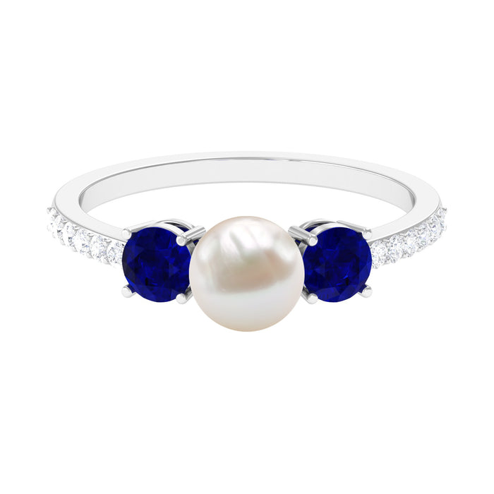 Pure Freshwater Pearl and Blue Sapphire Engagement Ring with Moissanite