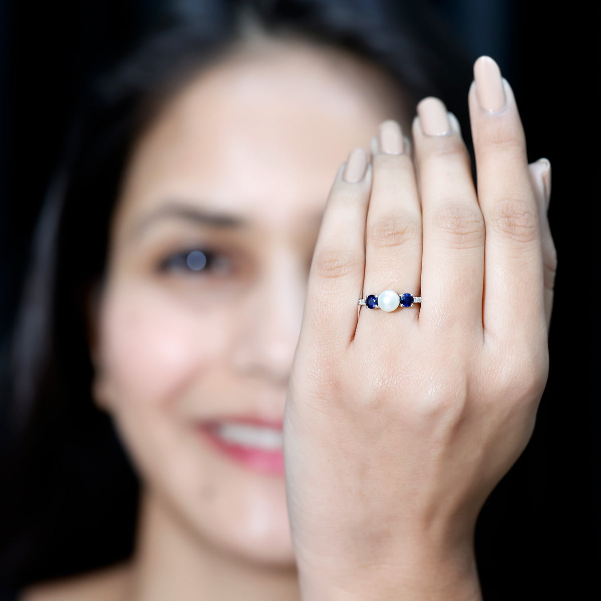 Natural Freshwater Pearl and Blue Sapphire 3 Stone Engagement Ring with Diamond AAA - Rosec Jewels