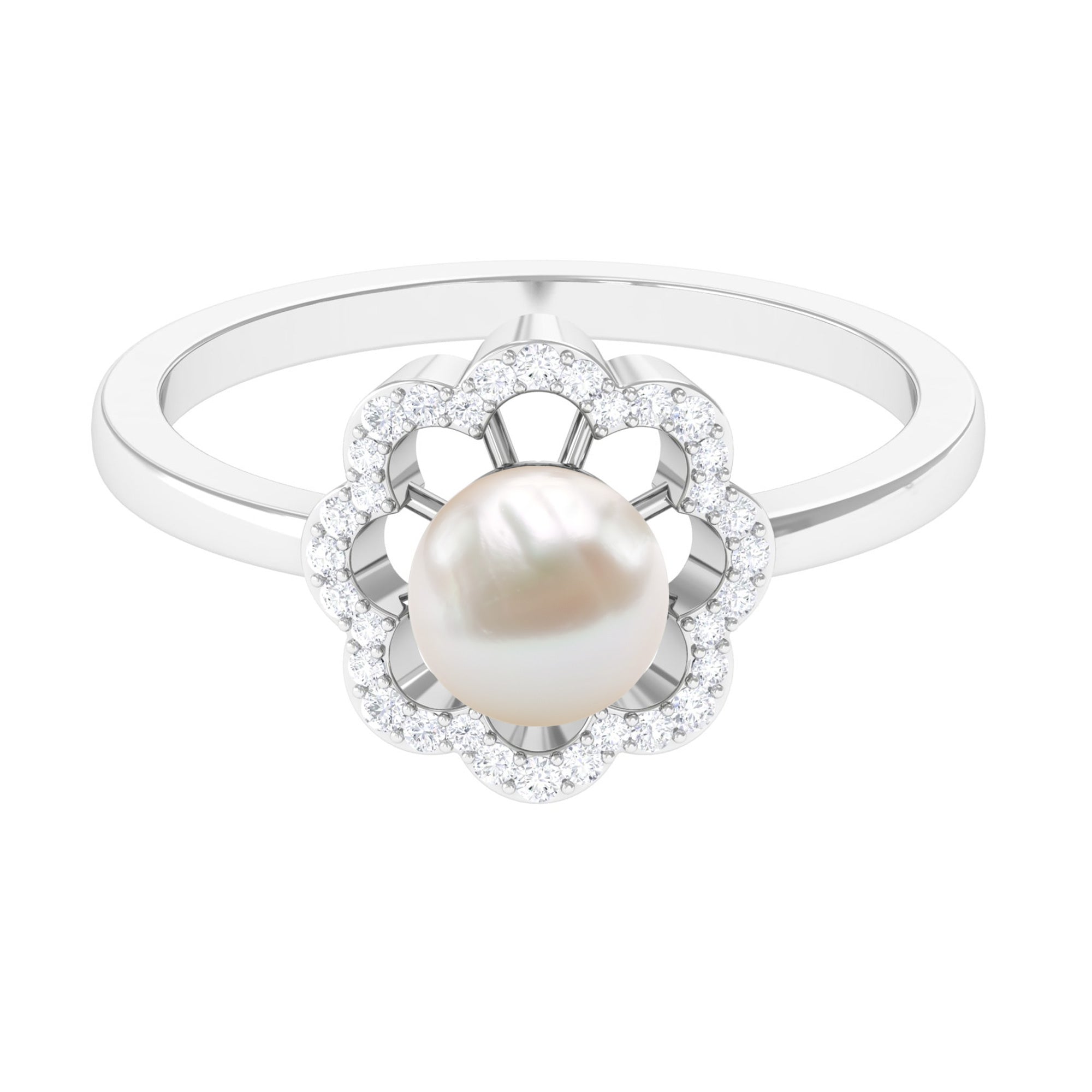 Cultured 2 Carat Freshwater Pearl Flower Engagement Ring with Diamond AAA - Rosec Jewels