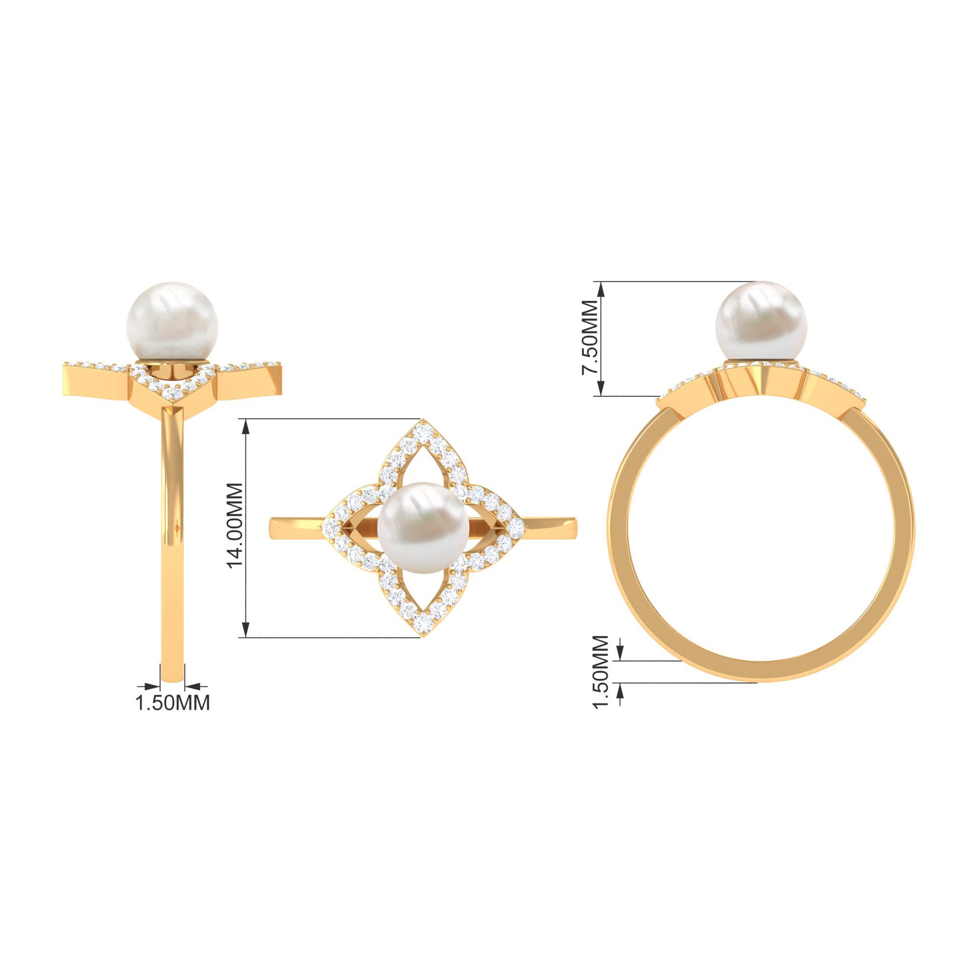 Rosec Jewels-Real 2 Carat Freshwater Pearl Flower Engagement Ring with Diamond