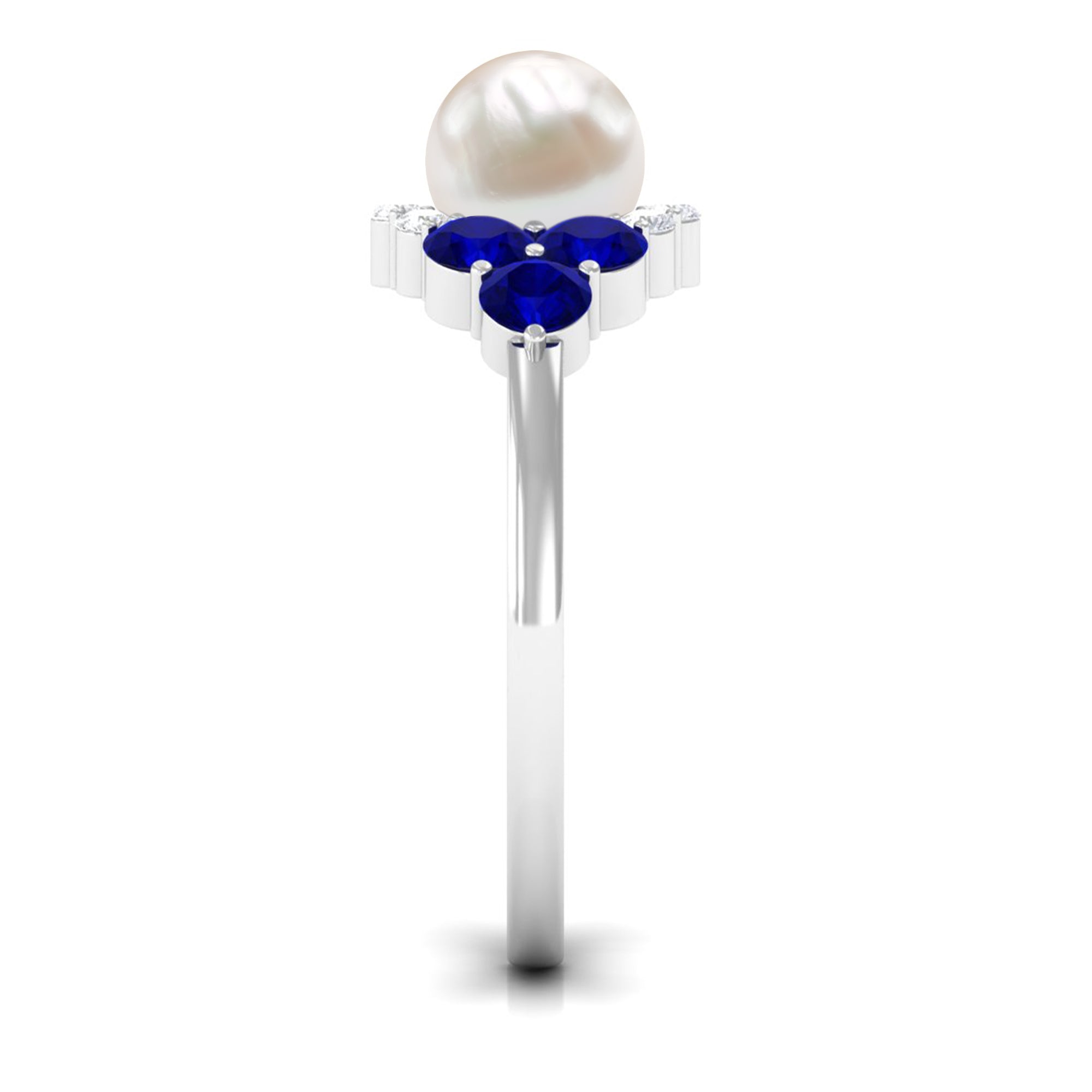 2 Carat Freshwater Pearl and Blue Sapphire Engagement Ring with Diamond AAA - Rosec Jewels