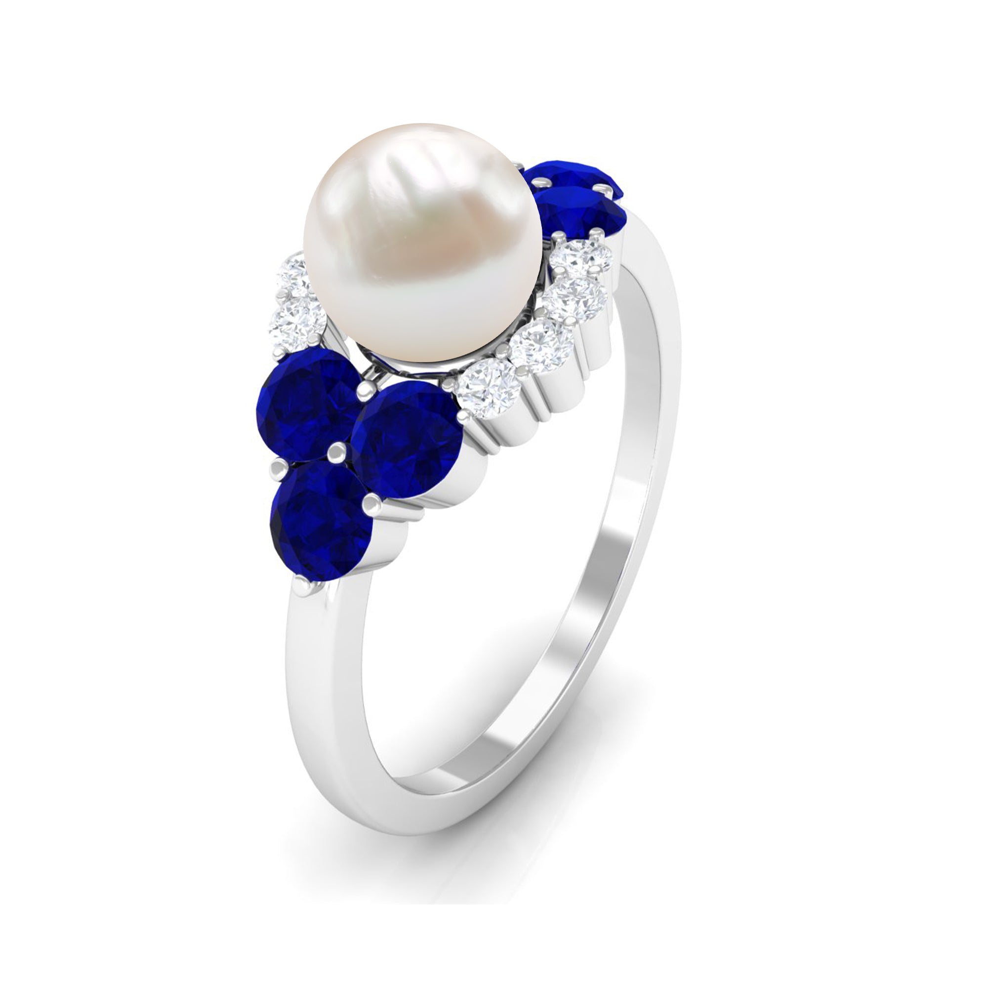 2 Carat Freshwater Pearl and Blue Sapphire Engagement Ring with Diamond AAA - Rosec Jewels