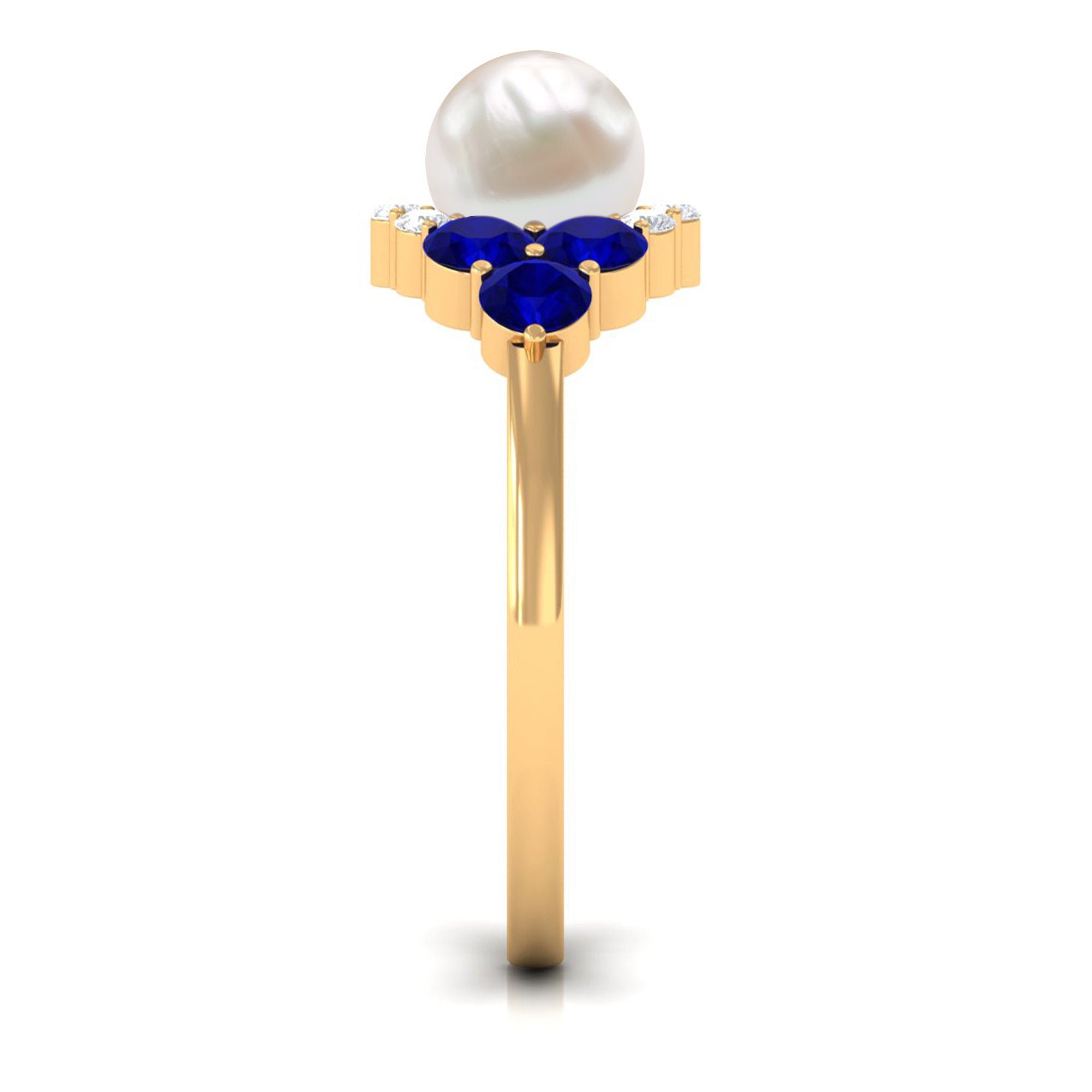 2 Carat Freshwater Pearl and Blue Sapphire Engagement Ring with Diamond AAA - Rosec Jewels