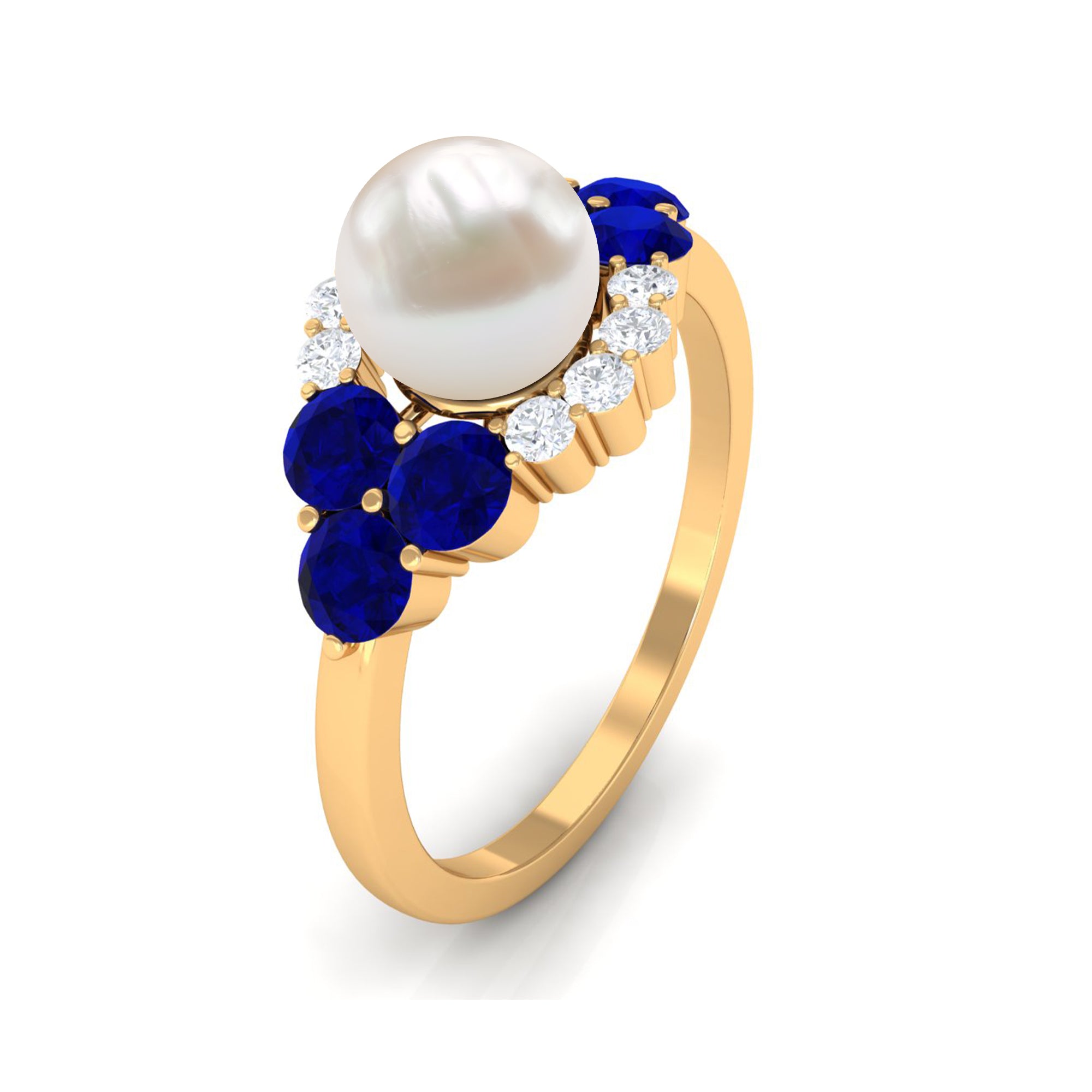 2 Carat Freshwater Pearl and Blue Sapphire Engagement Ring with Diamond AAA - Rosec Jewels