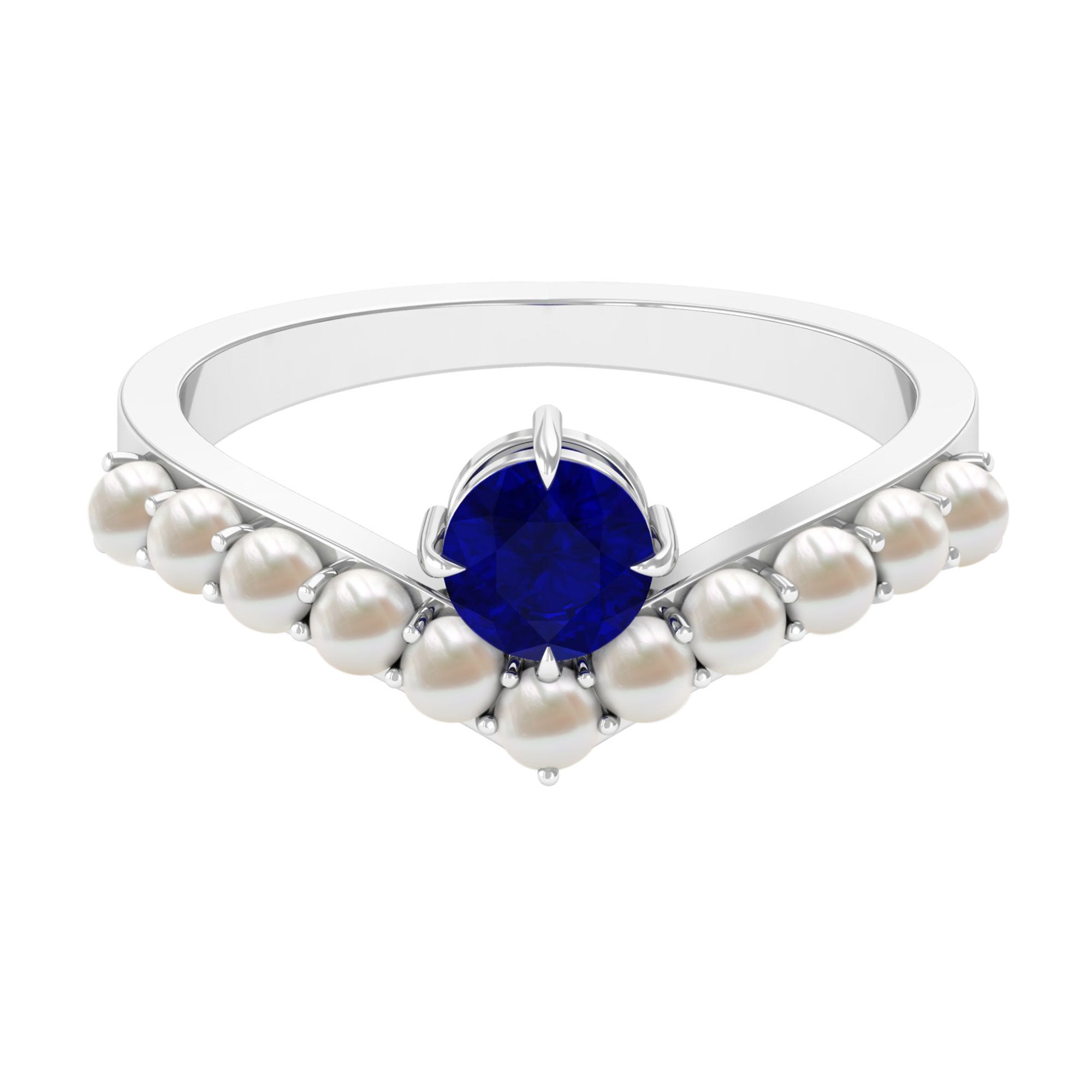 Rosec Jewels-2 CT Solitaire Blue Sapphire and Freshwater Pearl Chevron Ring