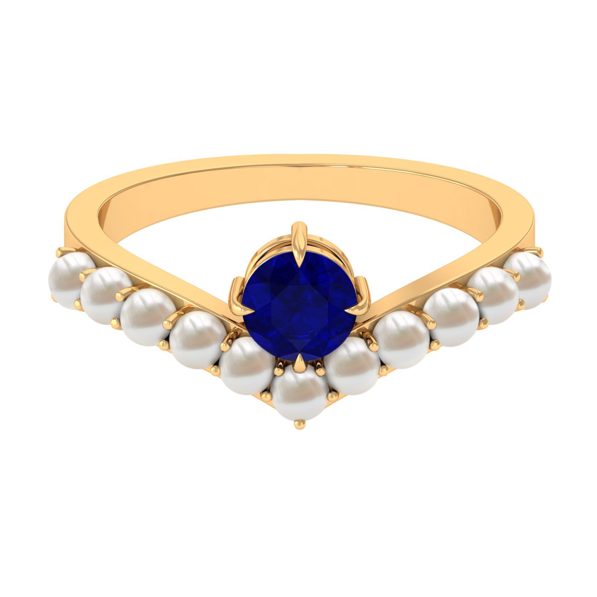 2 CT Solitaire Blue Sapphire and Freshwater Pearl Chevron Ring AAA - Rosec Jewels