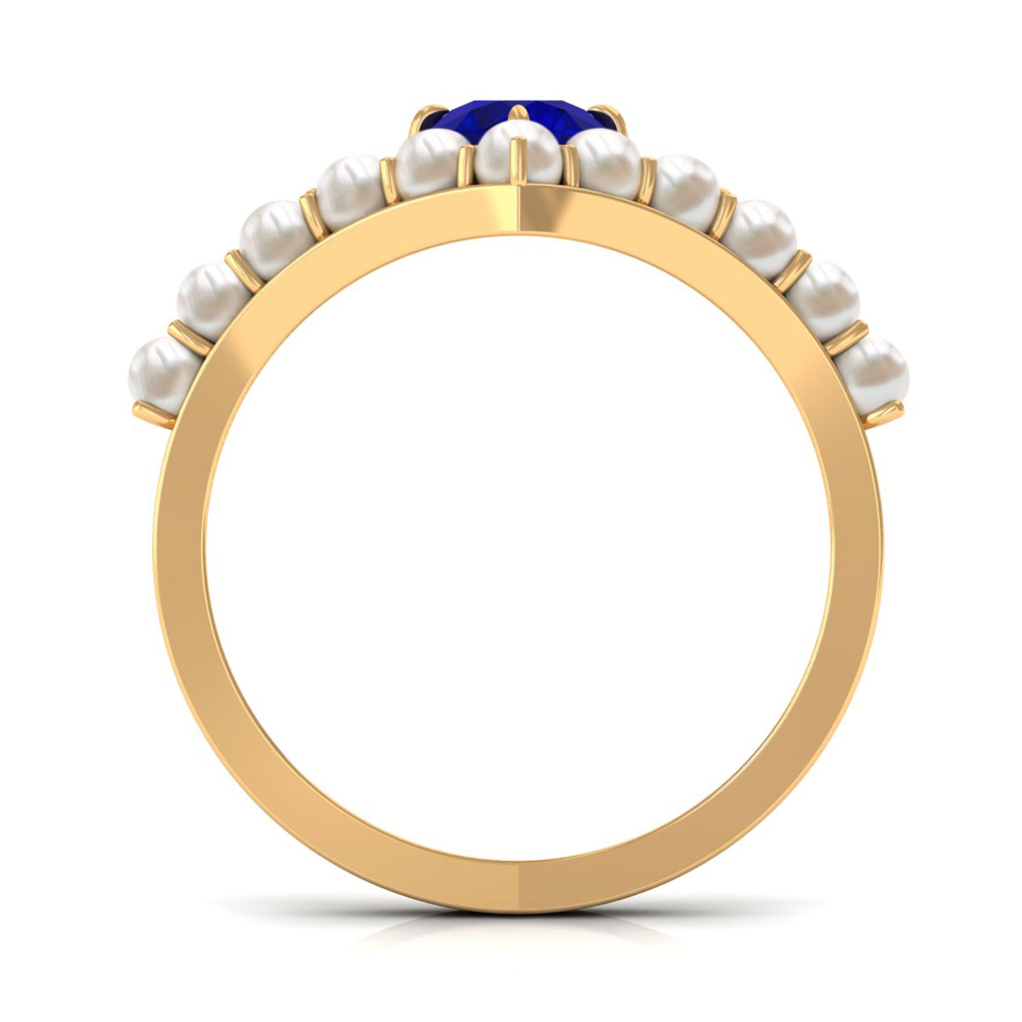 Rosec Jewels-2 CT Solitaire Blue Sapphire and Freshwater Pearl Chevron Ring