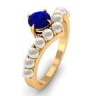 2 CT Solitaire Blue Sapphire and Freshwater Pearl Chevron Ring AAA - Rosec Jewels
