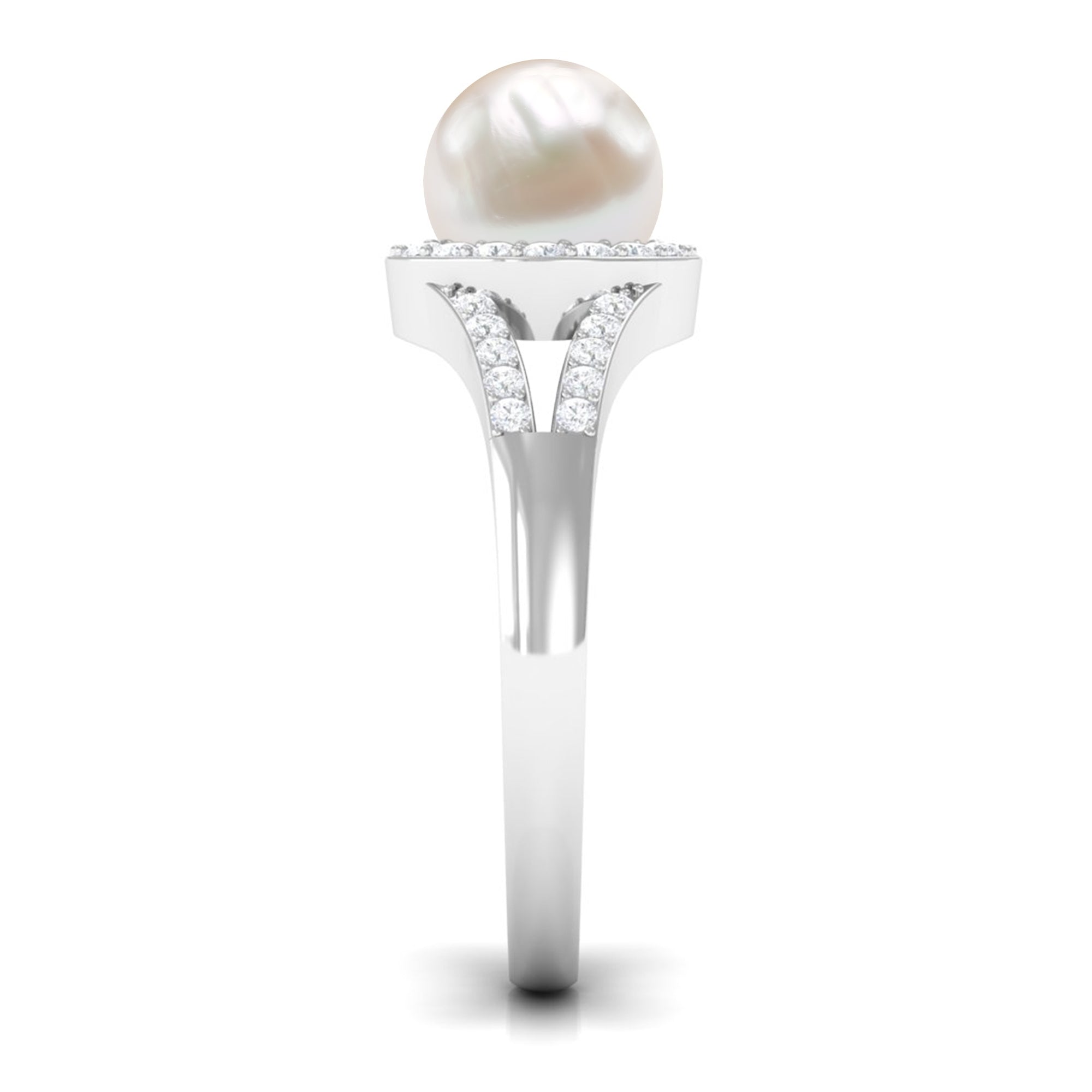Split Shank Freshwater Pearl Engagement Ring with Diamond Halo AAA - Rosec Jewels