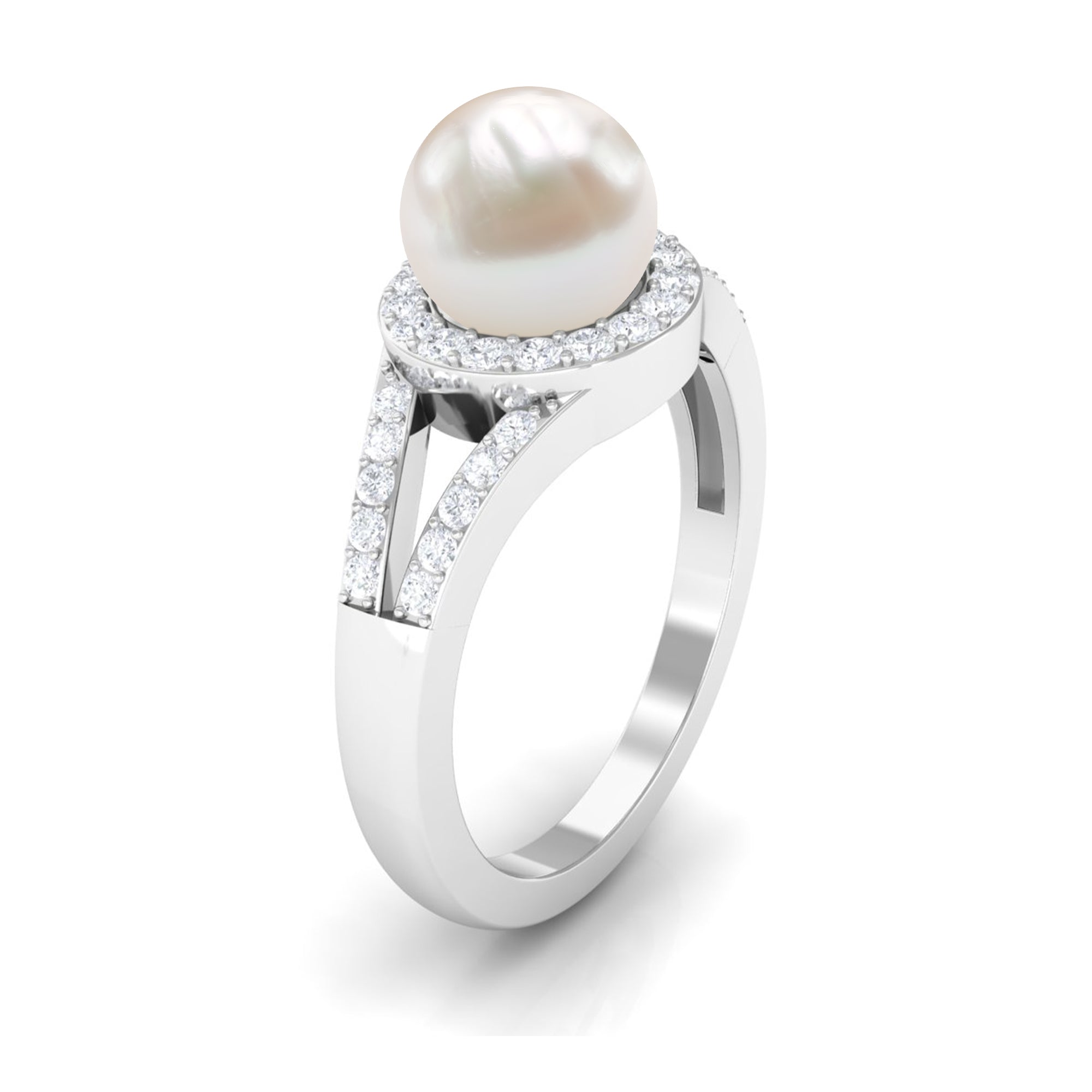 Split Shank Freshwater Pearl Engagement Ring with Diamond Halo AAA - Rosec Jewels