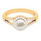 Split Shank Freshwater Pearl Engagement Ring with Diamond Halo AAA - Rosec Jewels