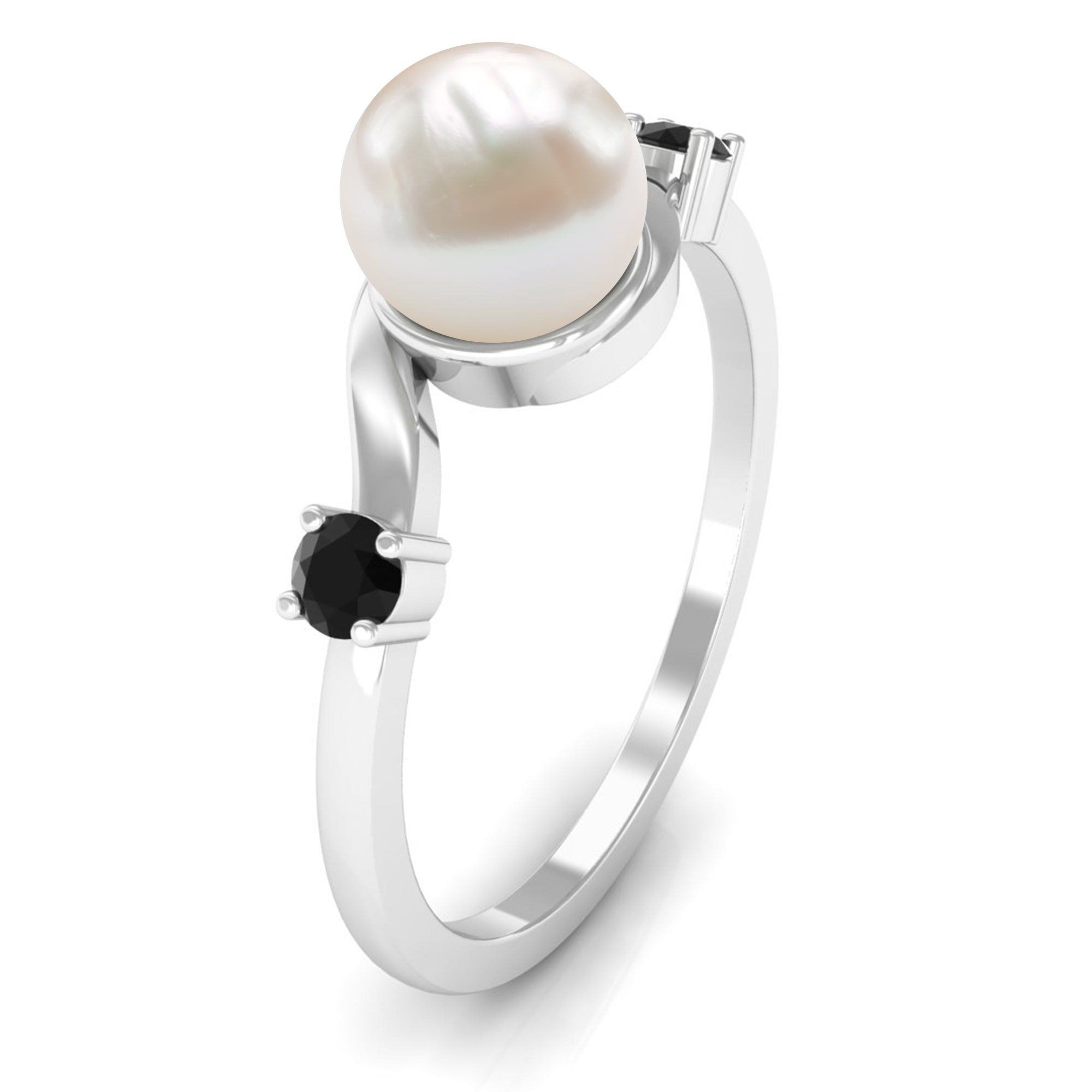 2 Carat Freshwater Pearl Bypass Engagement Ring with Black Diamond AAA - Rosec Jewels
