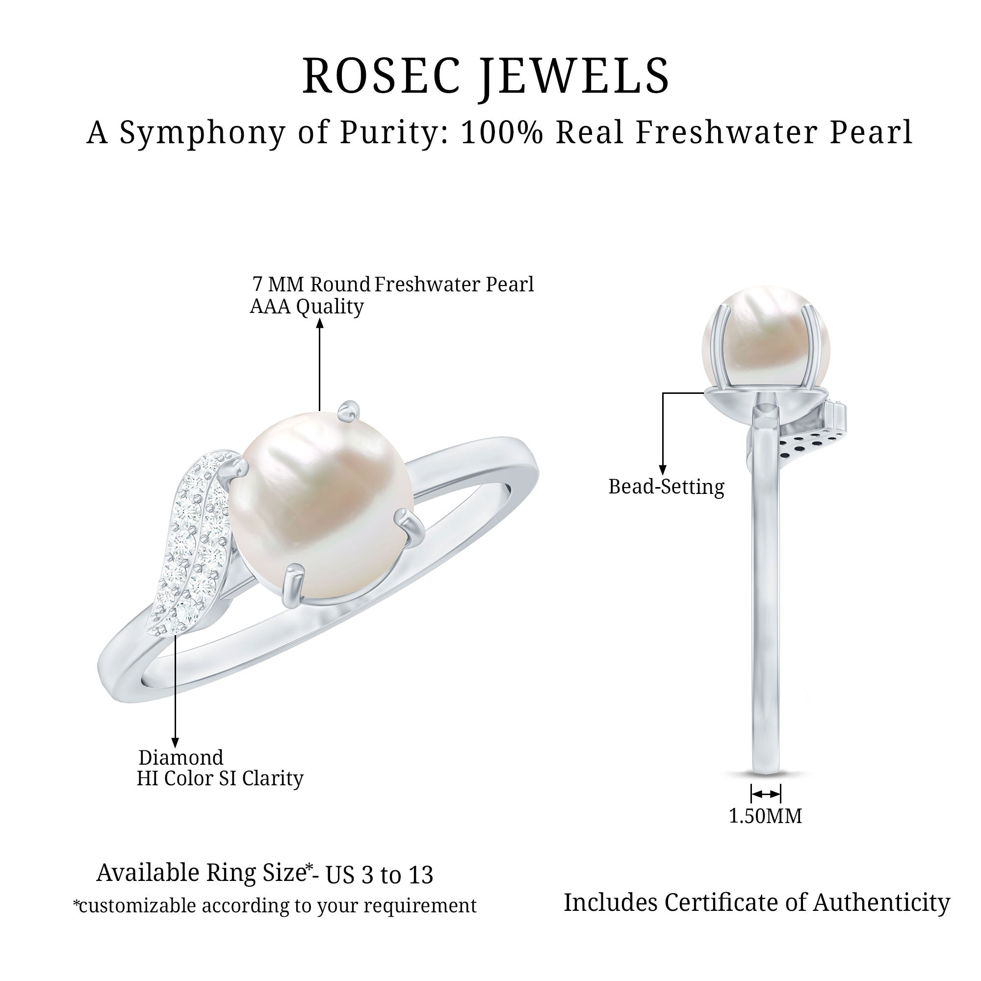 Cultured 3 Carat Freshwater Pearl Solitaire Engagement Ring with Diamond AAA - Rosec Jewels