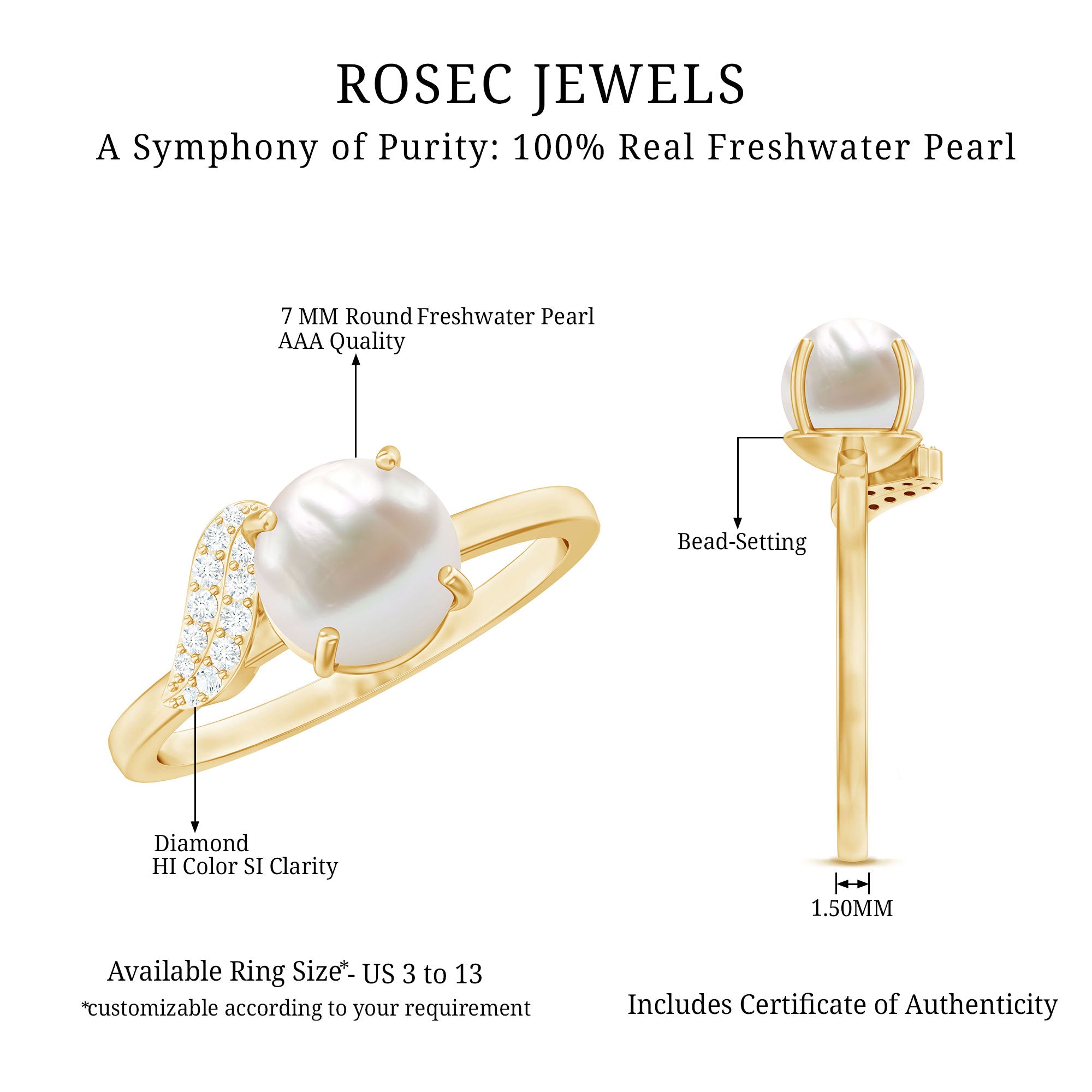 Cultured 3 Carat Freshwater Pearl Solitaire Engagement Ring with Diamond AAA - Rosec Jewels