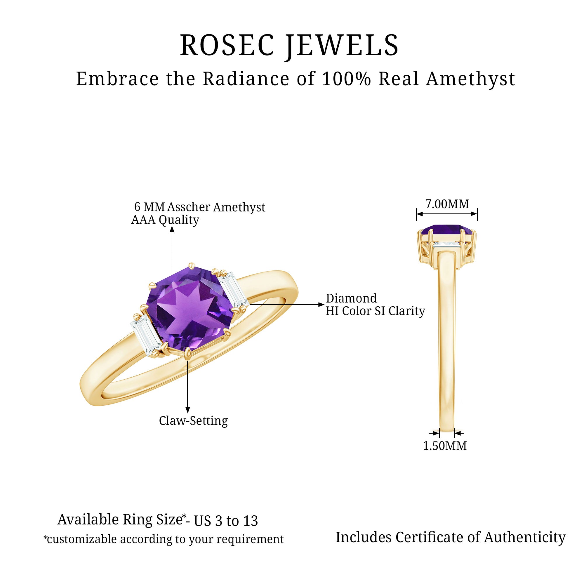 Claw Set Asscher Cut Amethyst Solitaire Ring with Diamond Amethyst - ( AAA ) - Quality - Rosec Jewels
