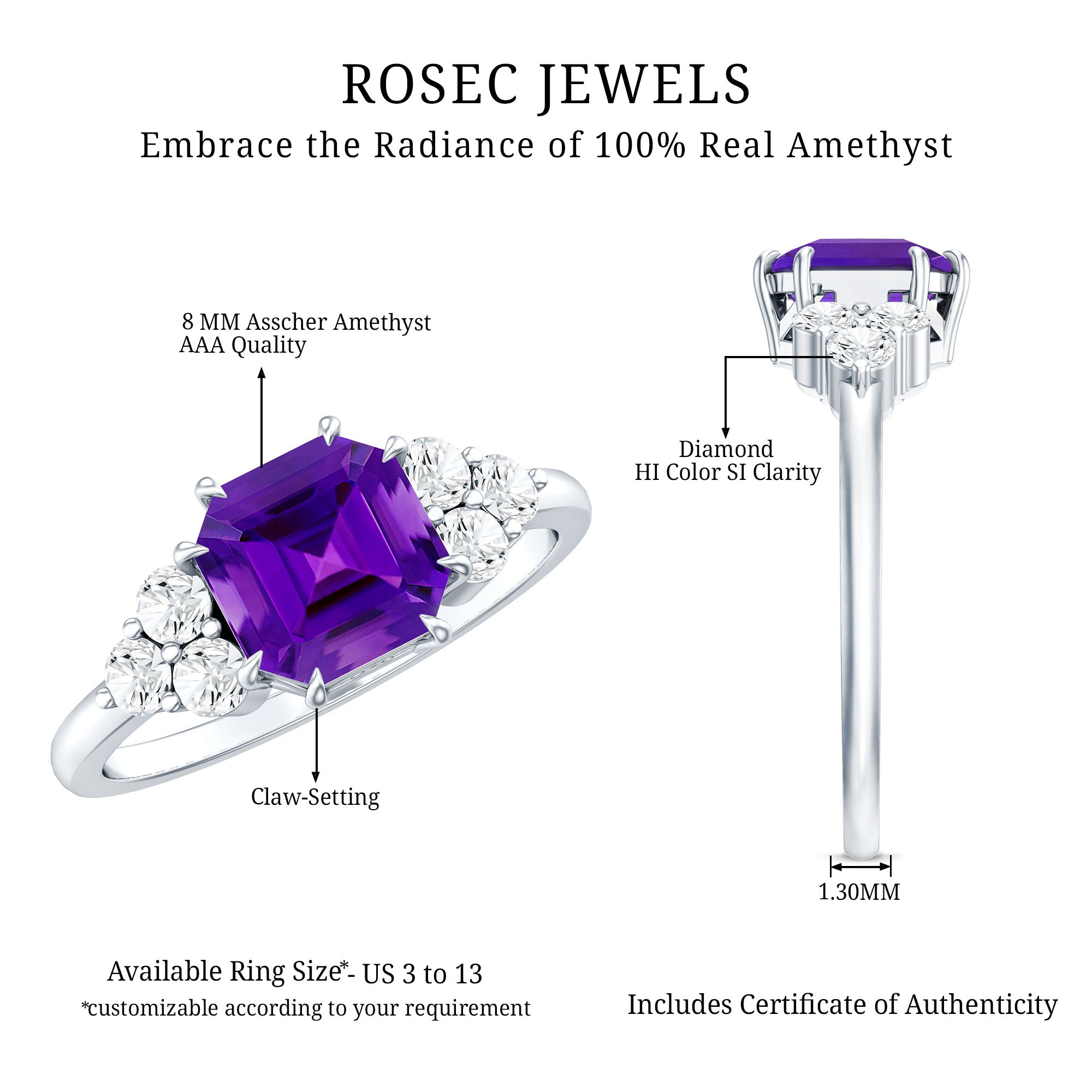 3 Carat Amethyst Asscher Cut Engagement Ring with Diamond Trio AAA - Rosec Jewels