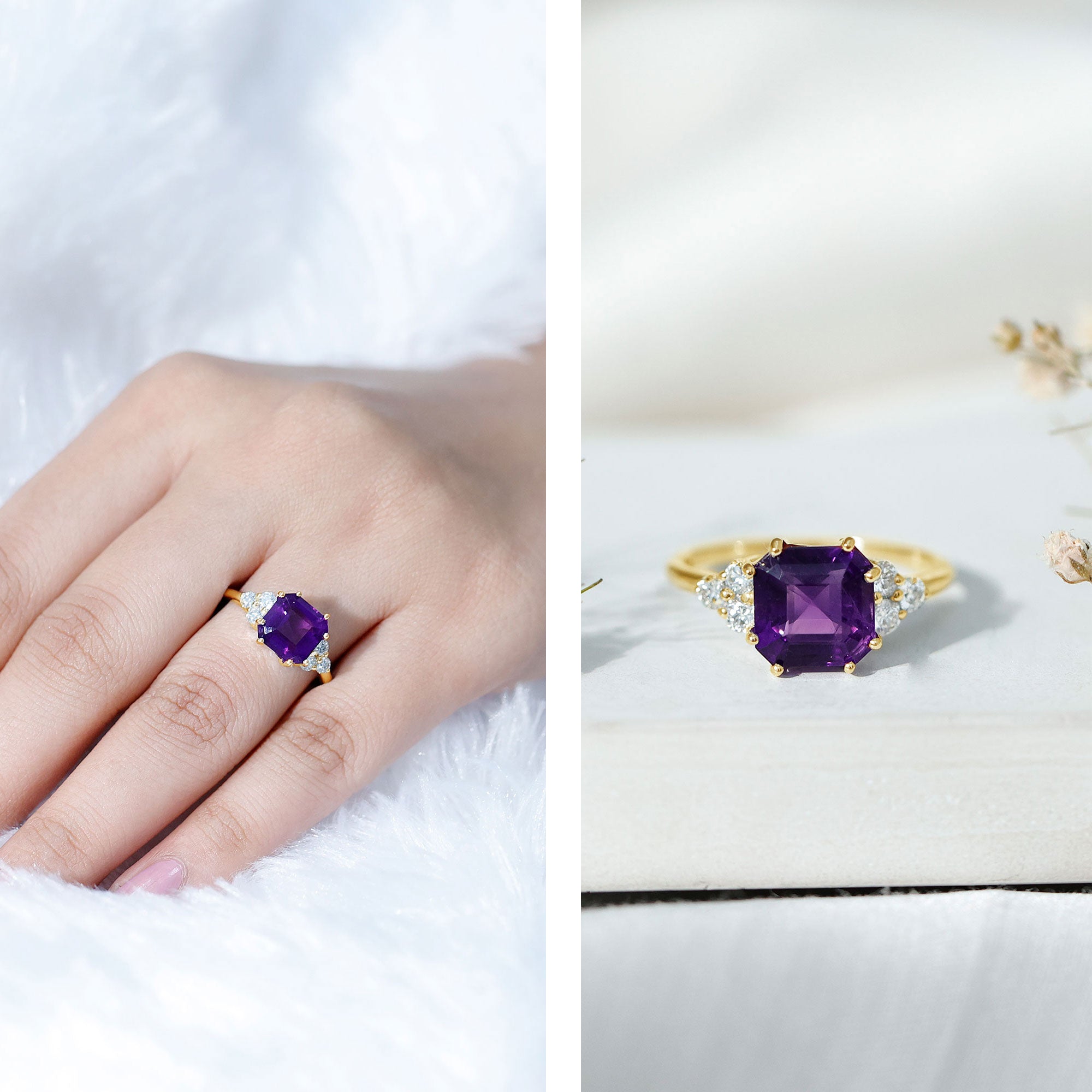 3 Carat Amethyst Asscher Cut Engagement Ring with Diamond Trio AAA - Rosec Jewels