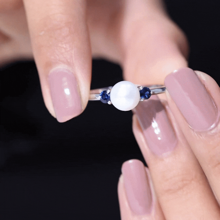 Freshwater Pearl Solitaire Engagement Ring with Blue Sapphire Freshwater Pearl - ( AAA ) - Quality - Rosec Jewels