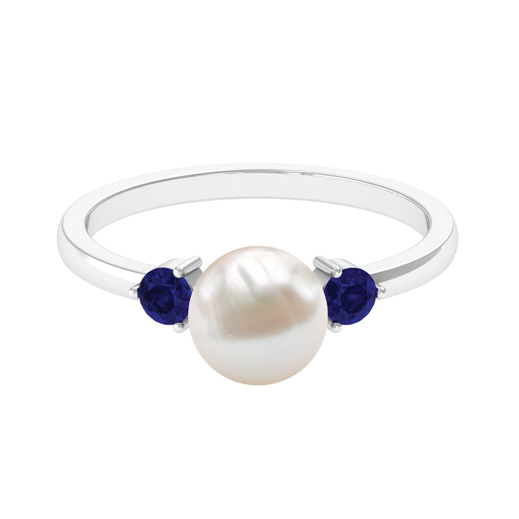 Freshwater Pearl Solitaire Engagement Ring with Blue Sapphire Freshwater Pearl - ( AAA ) - Quality - Rosec Jewels