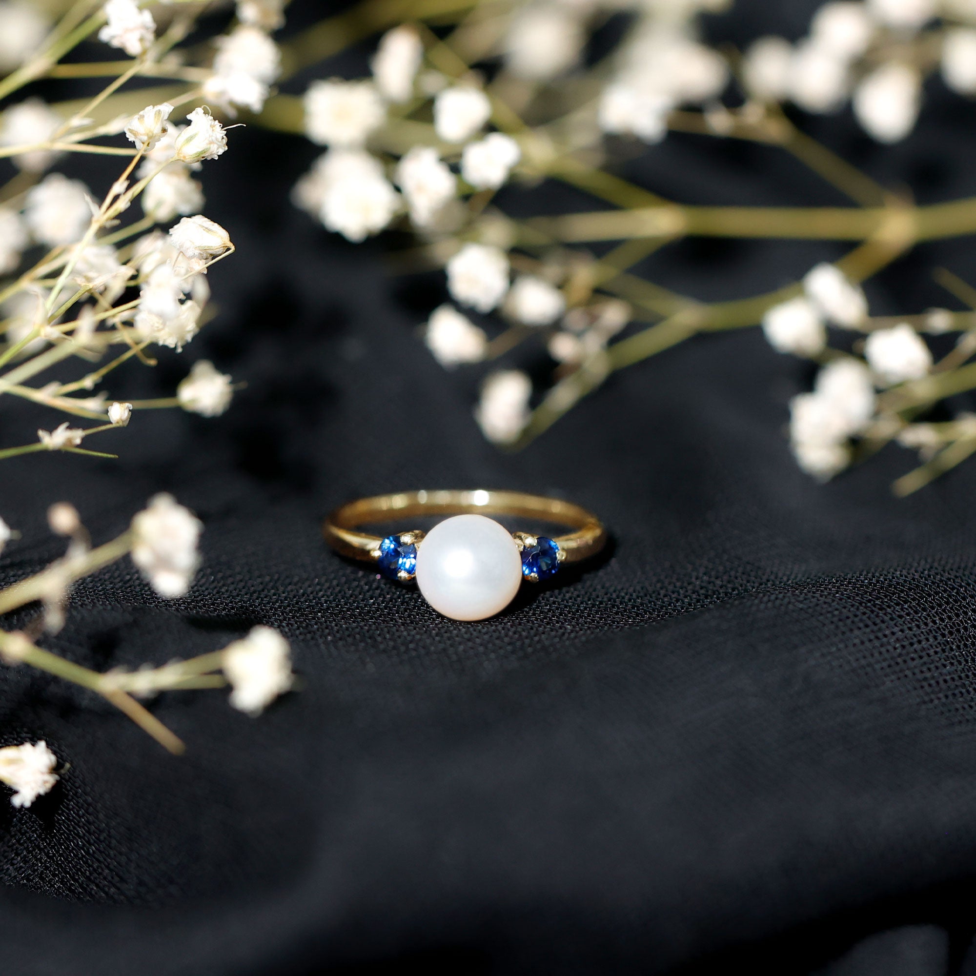 Rosec Jewels-Cultured Freshwater Pearl Engagement Ring with Blue Sapphire