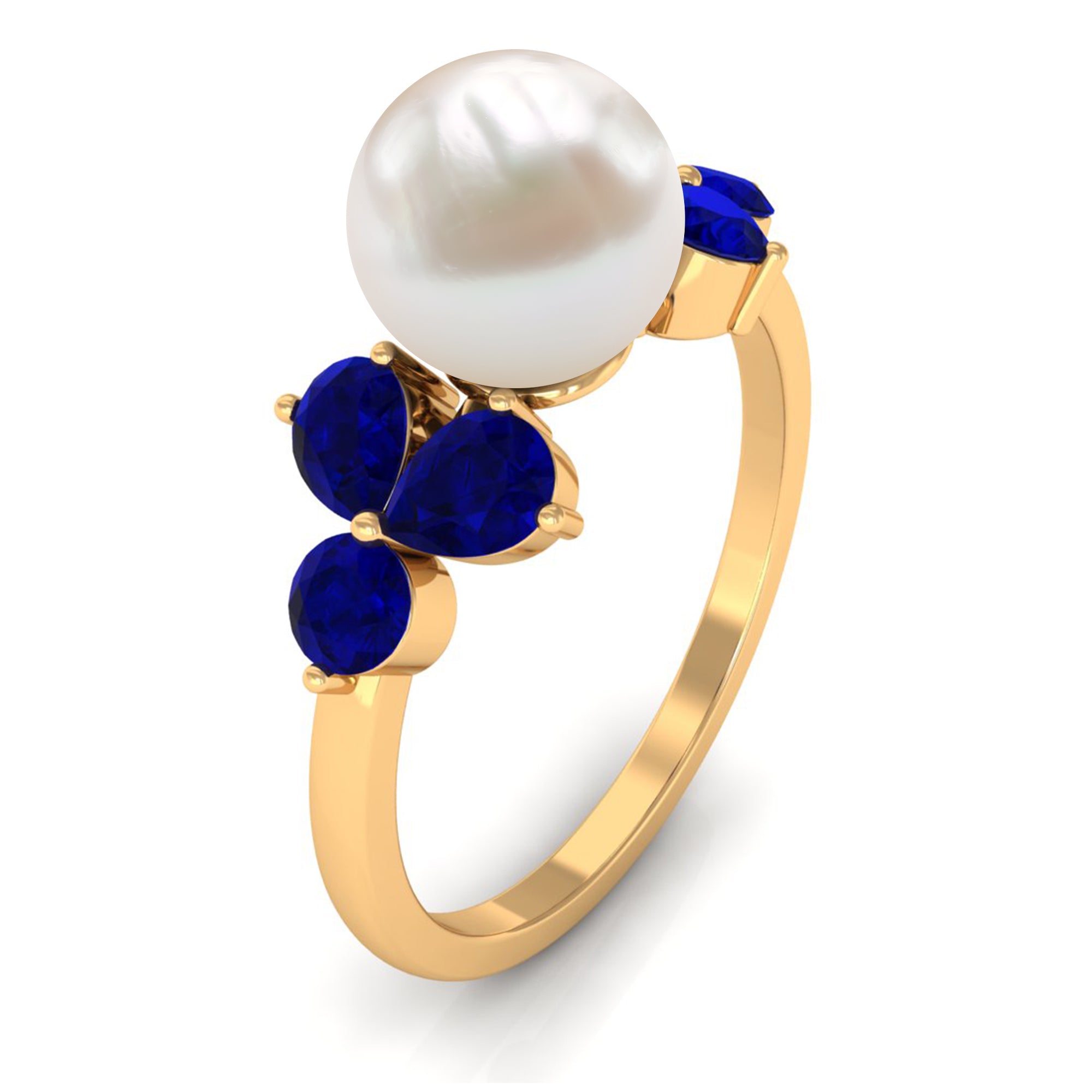 Rosec Jewels-Natural 7.4 Carat Freshwater Pearl Engagement Ring with Blue Sapphire Trio