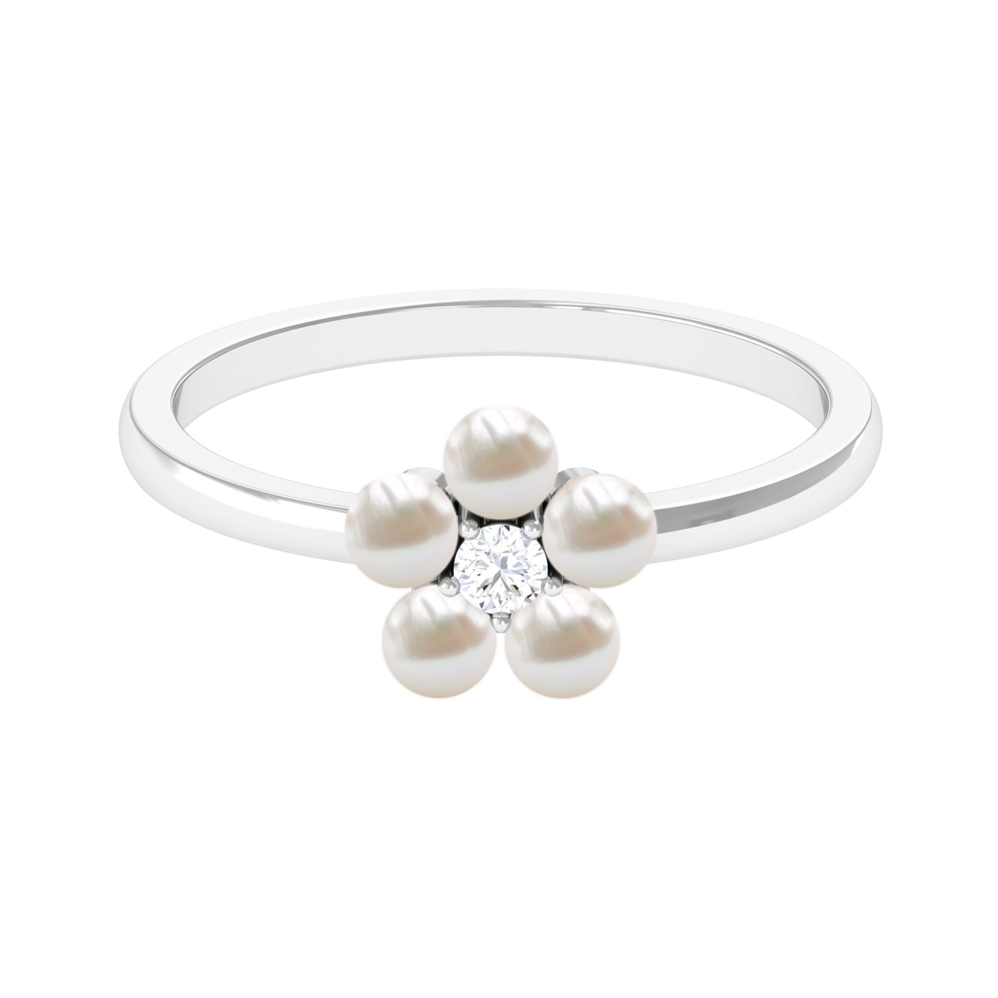 Rosec Jewels-Cultured Freshwater Pearl Flower Promise Ring with Lab Diamond