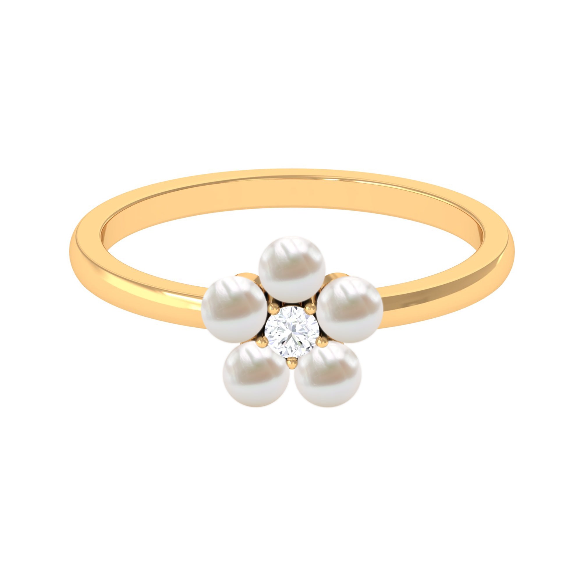 Rosec Jewels-Cultured Freshwater Pearl Flower Promise Ring with Lab Diamond