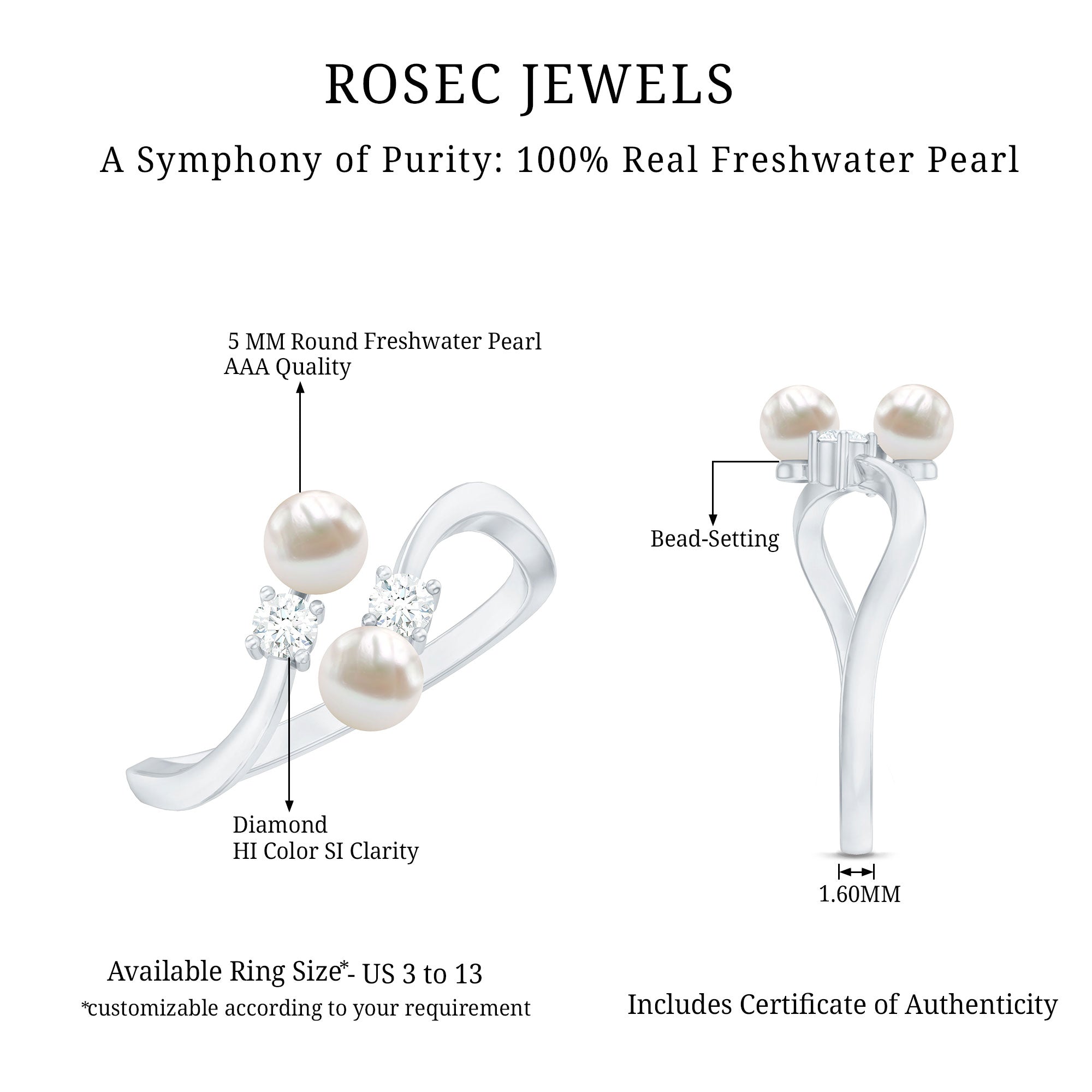Freshwater Pearl and Diamond Wrap Ring AAA - Rosec Jewels