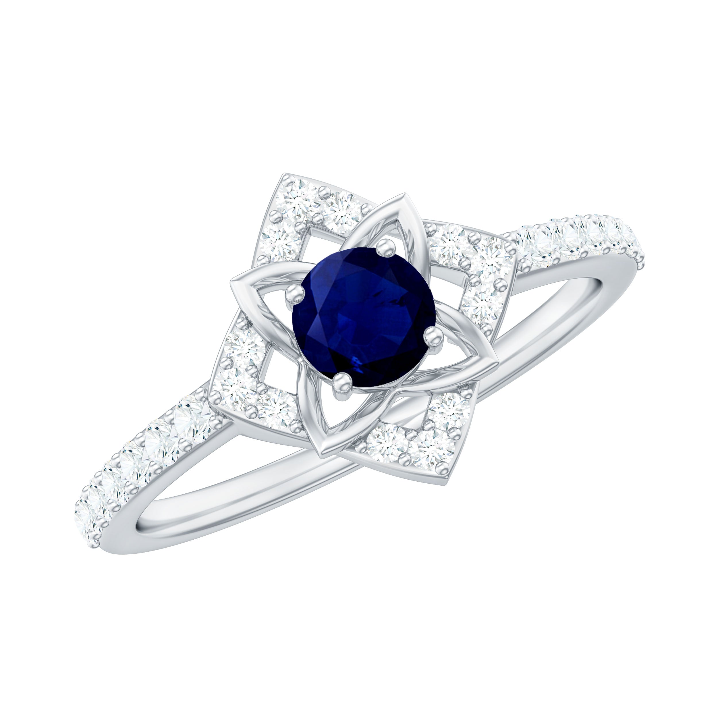 Real Blue Sapphire Diamond Flower Engagement Ring for Women AAA - Rosec Jewels