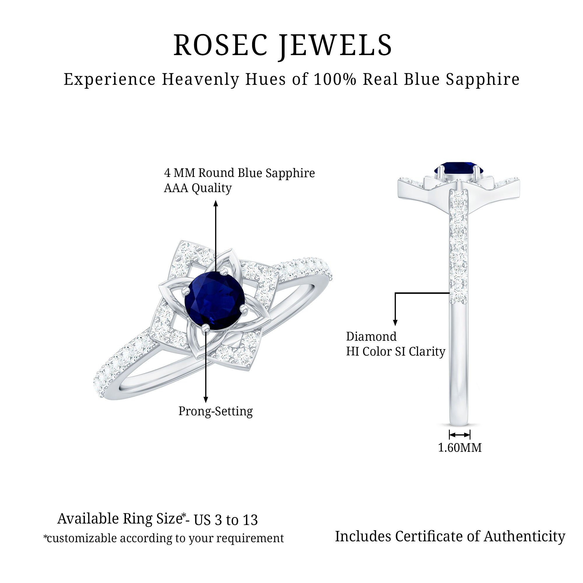 Real Blue Sapphire Diamond Flower Engagement Ring for Women AAA - Rosec Jewels