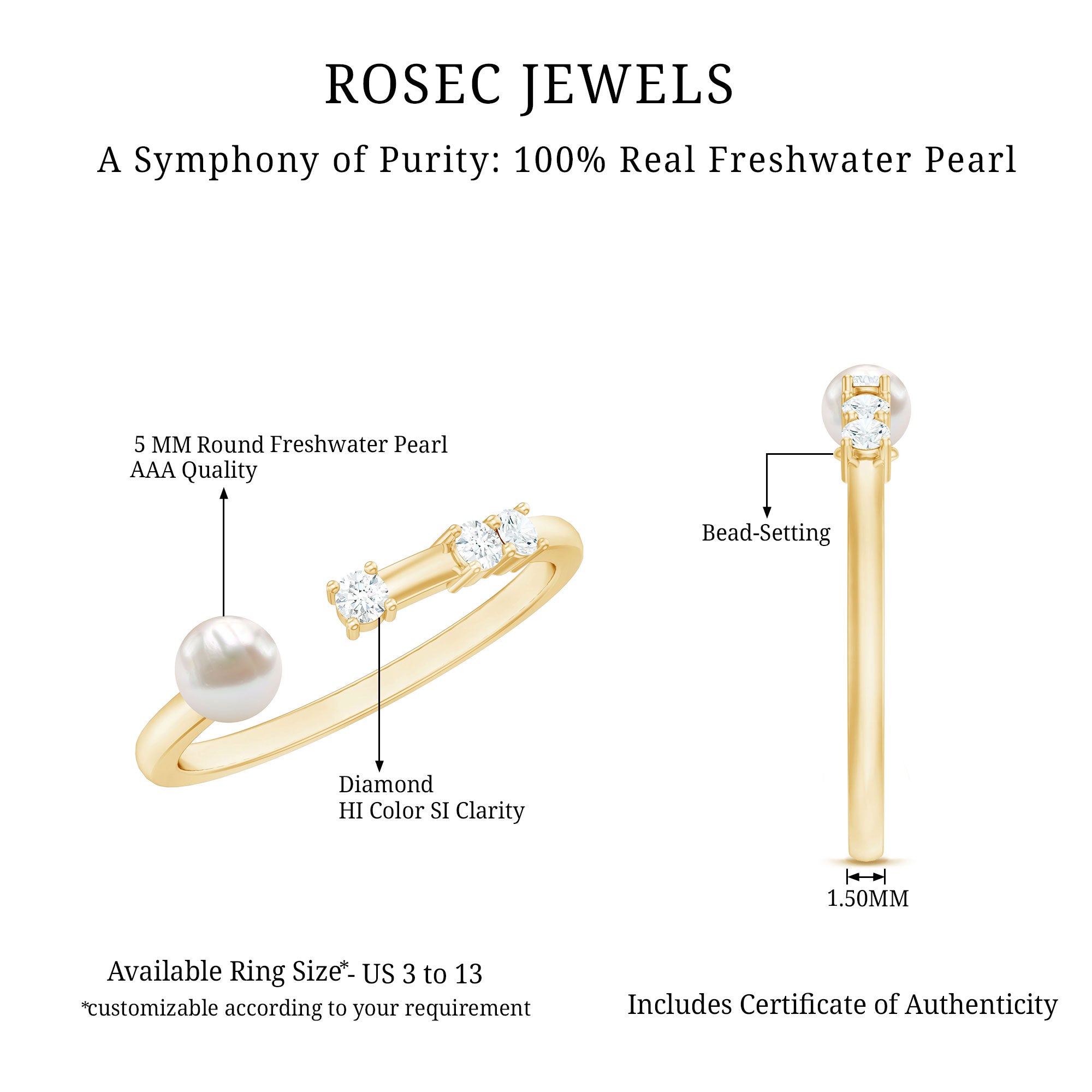 Rosec Jewels-Natural 2 Carat Freshwater Pearl Promise Ring with Diamond