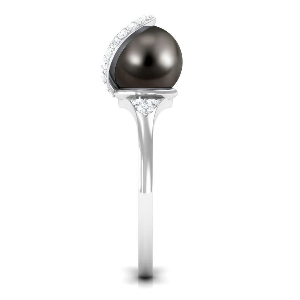 Designer Tahitian Black Pearl Solitaire Engagement Ring with Diamond Tahitian pearl - ( AAA ) - Quality - Rosec Jewels