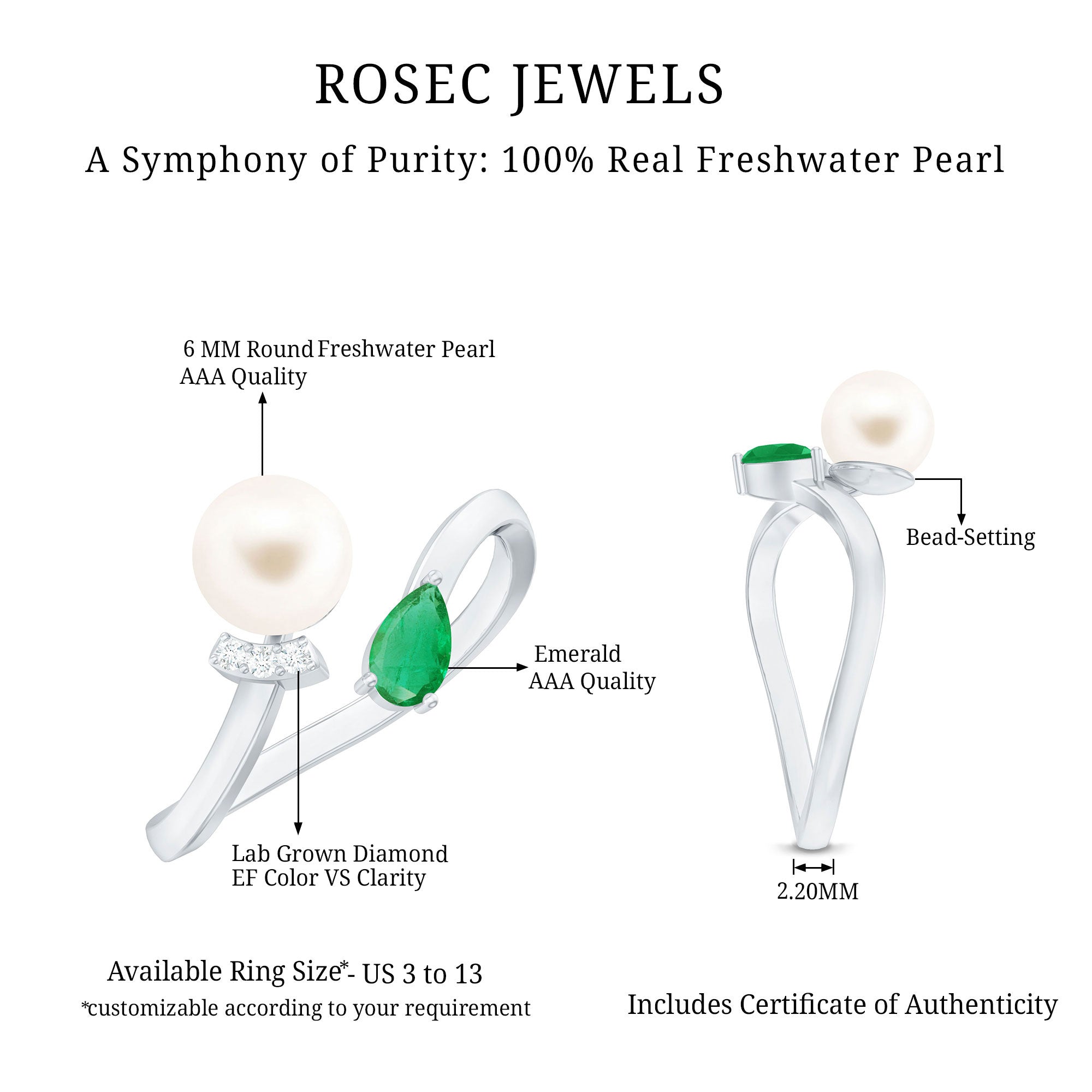 Rosec Jewels-Cultured Freshwater Pearl and Emerald Toi Et Moi Promise Ring
