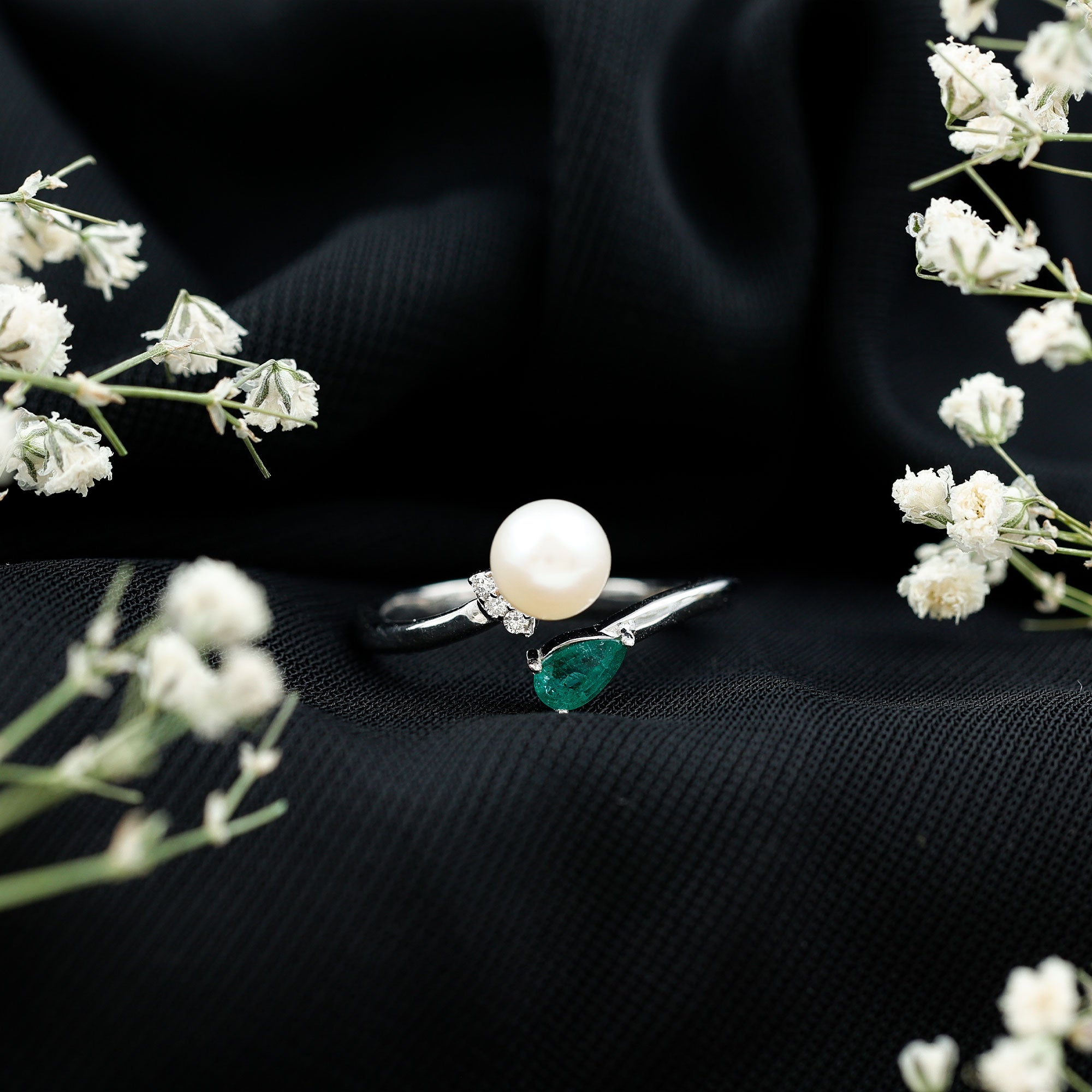 Rosec Jewels-Cultured Freshwater Pearl and Emerald Toi Et Moi Promise Ring