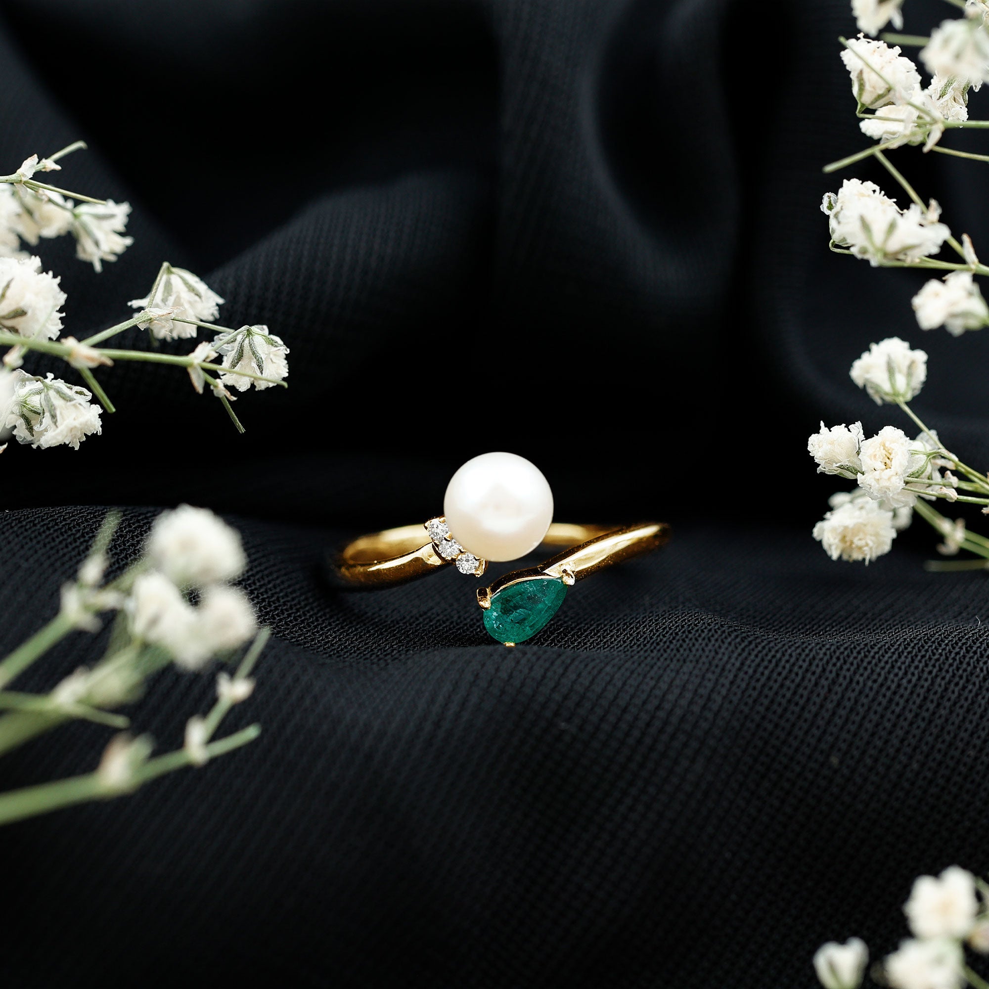 Rosec Jewels-Cultured Freshwater Pearl and Emerald Toi Et Moi Promise Ring