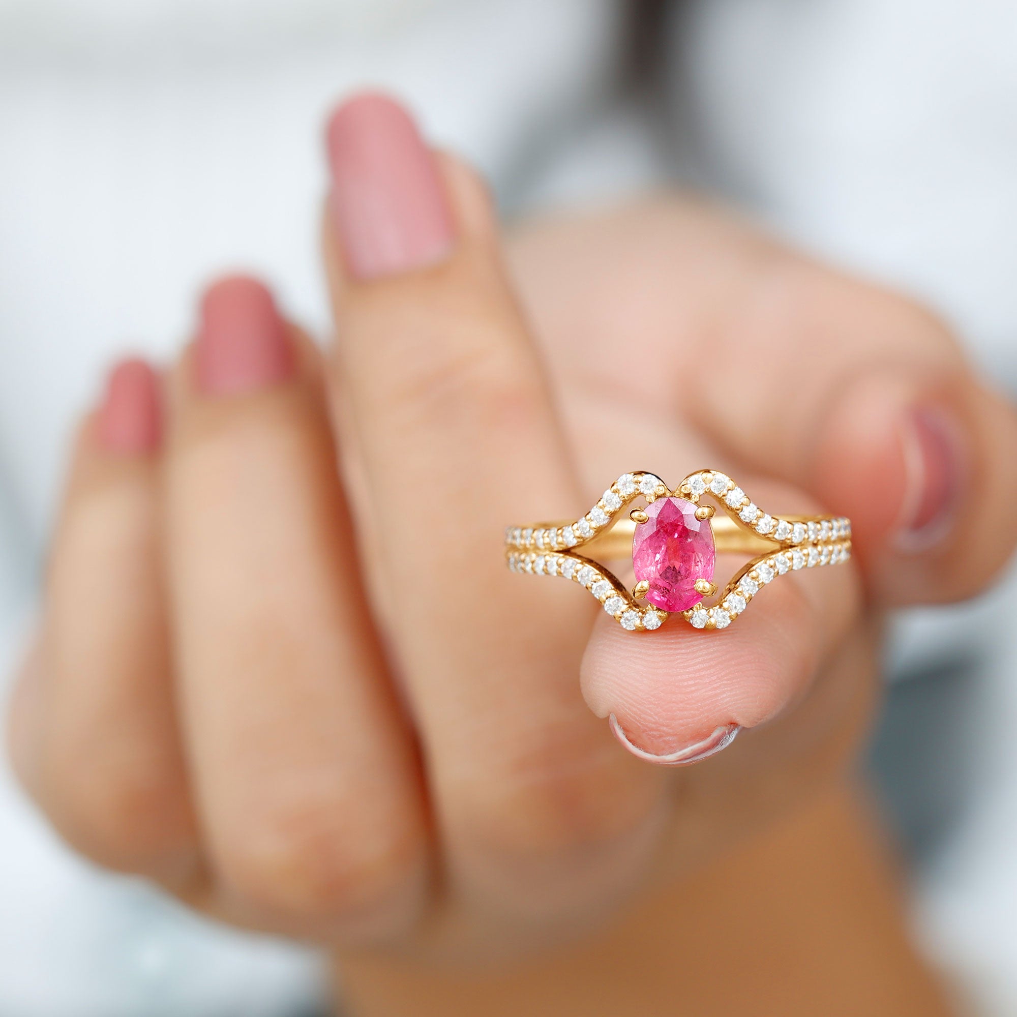 Oval Cut Pink Sapphire and Diamond Ring with Split Shank Pink Sapphire - ( AAA ) - Quality - Rosec Jewels