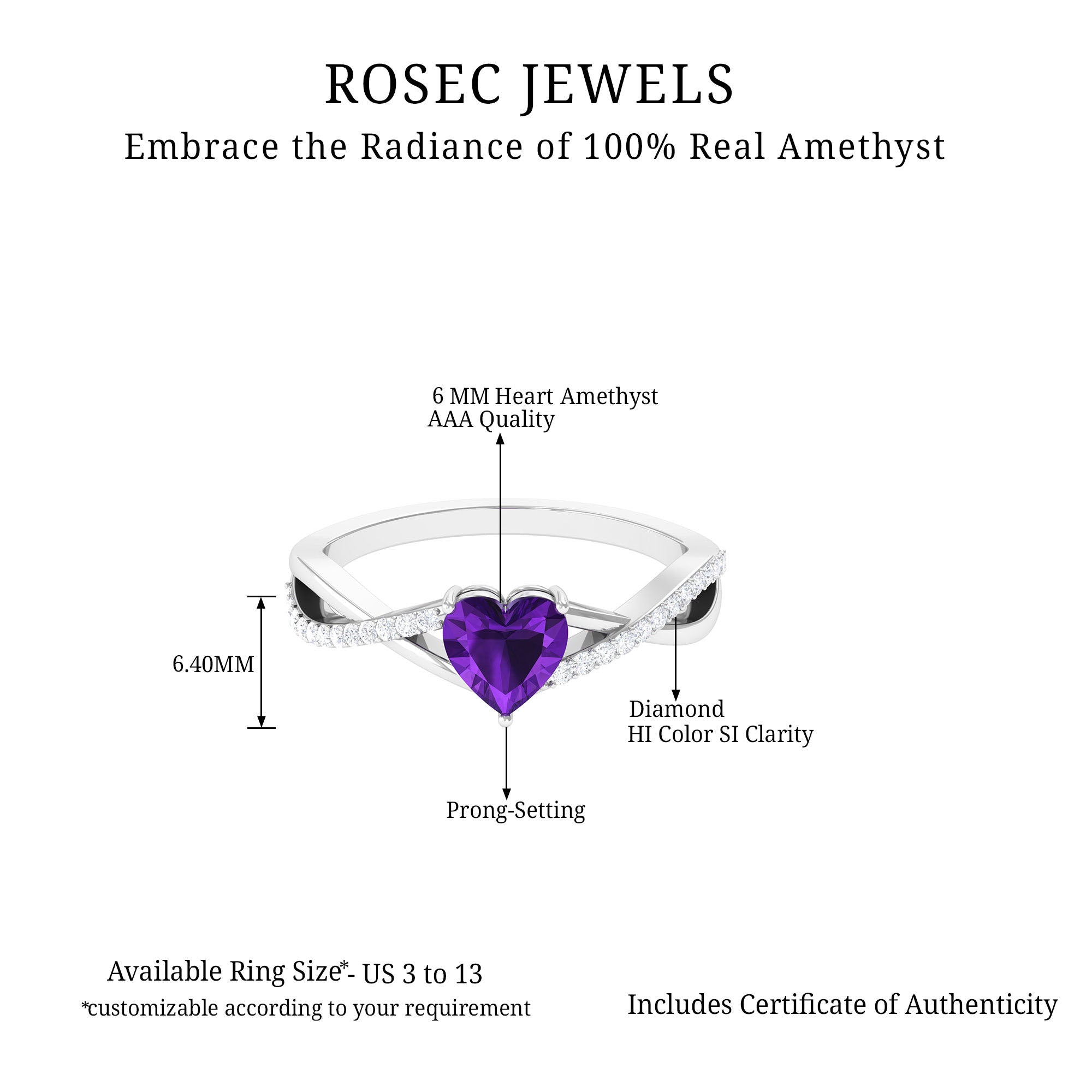 Heart Shape Amethyst Solitaire Crossover Ring with Diamond Amethyst - ( AAA ) - Quality - Rosec Jewels
