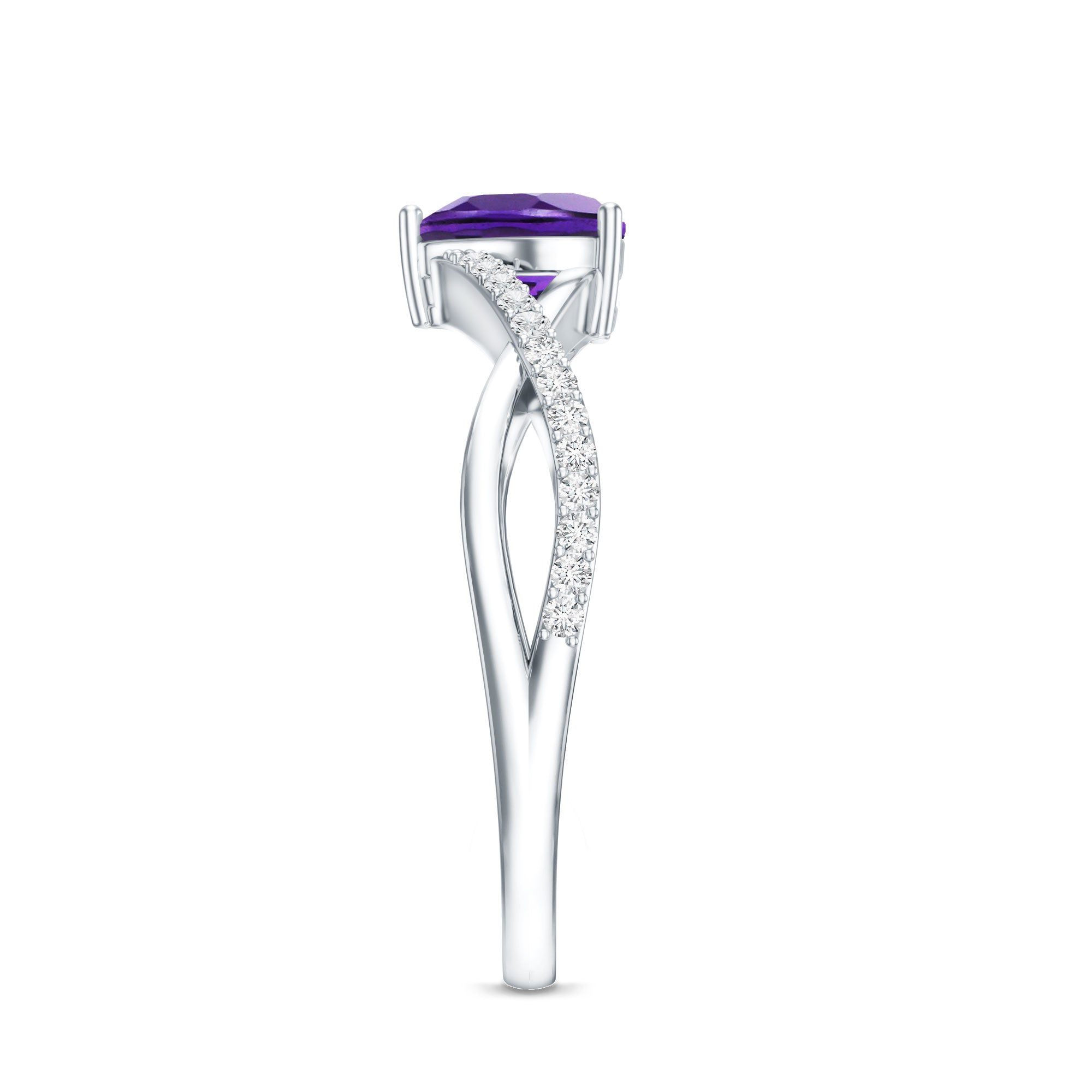 Rosec Jewels-Genuine 0.9 Carat Amethyst Heart Engagement Ring with Diamond Crossover Shank