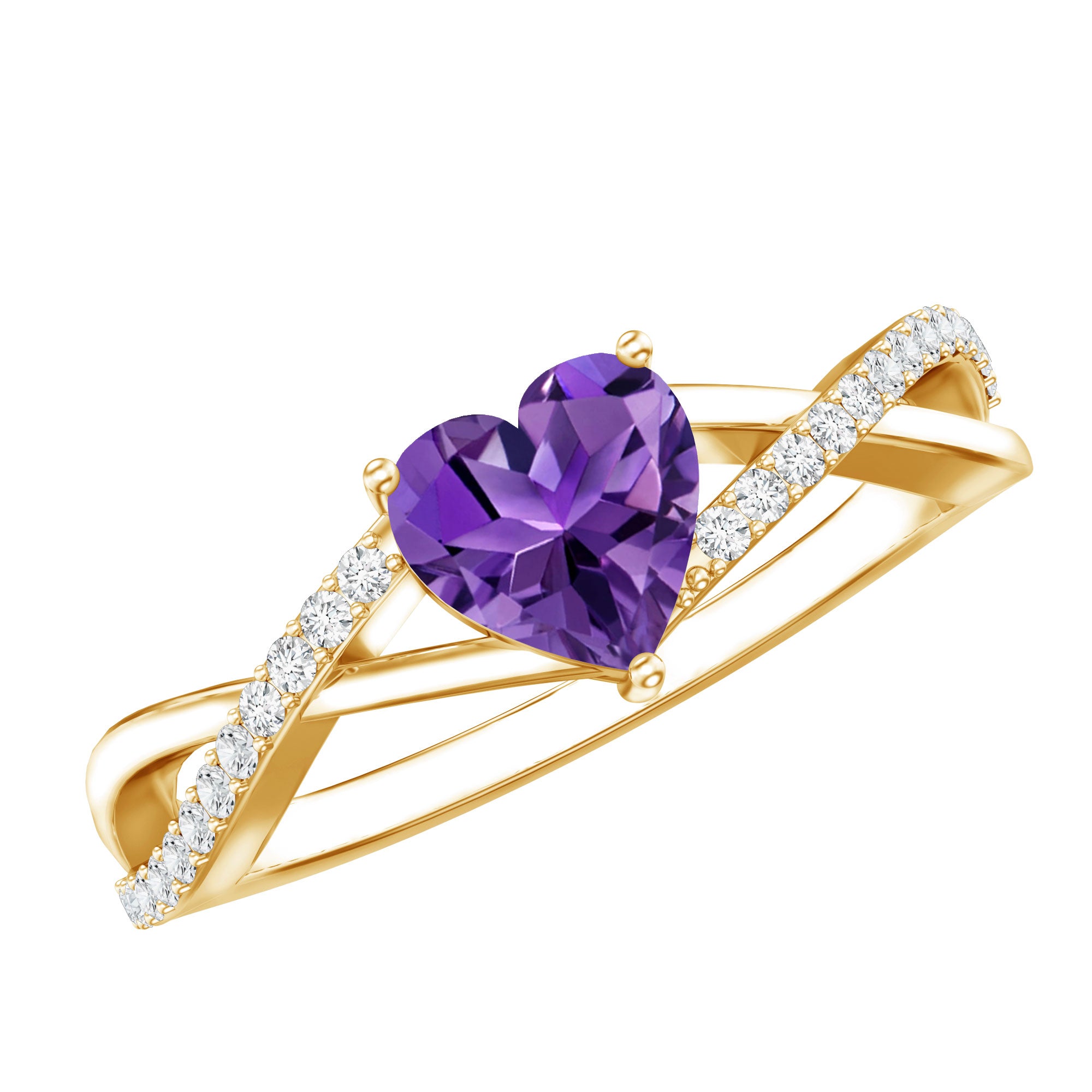 Rosec Jewels-Genuine 0.9 Carat Amethyst Heart Engagement Ring with Diamond Crossover Shank