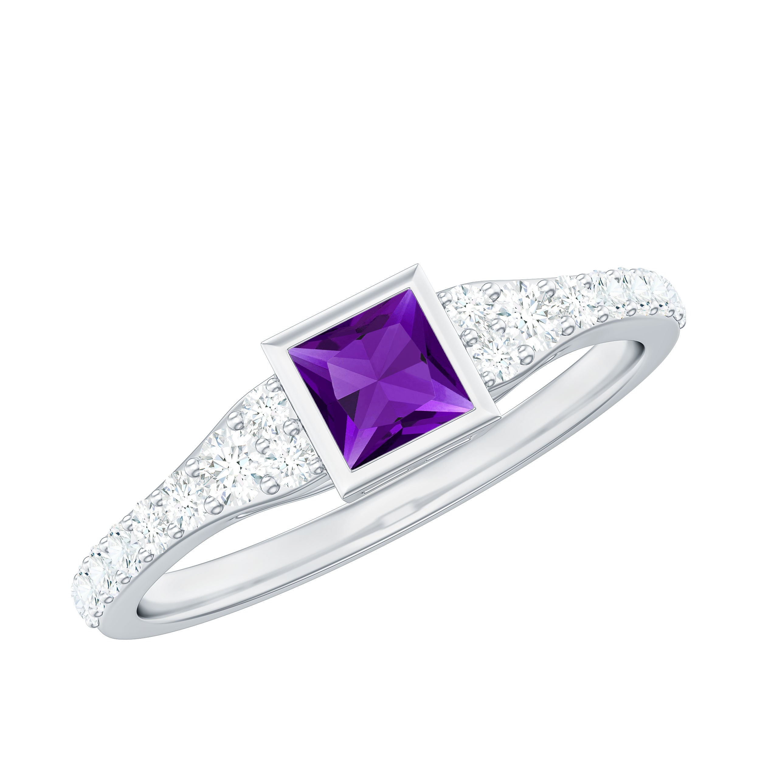 1 Carat Bezel Set Amethyst Solitaire Promise Ring with Diamond AAA - Rosec Jewels