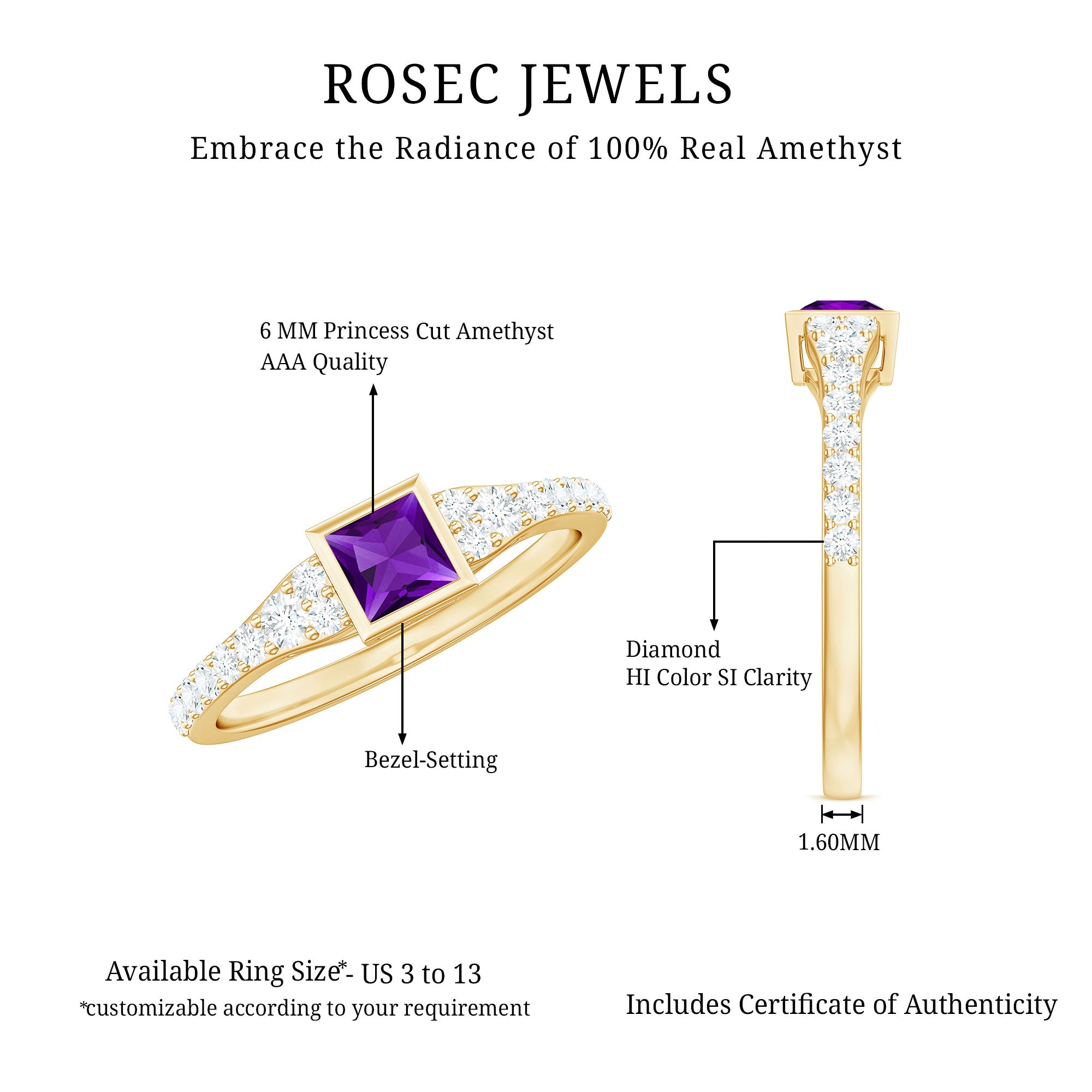 1 Carat Bezel Set Amethyst Solitaire Promise Ring with Diamond AAA - Rosec Jewels