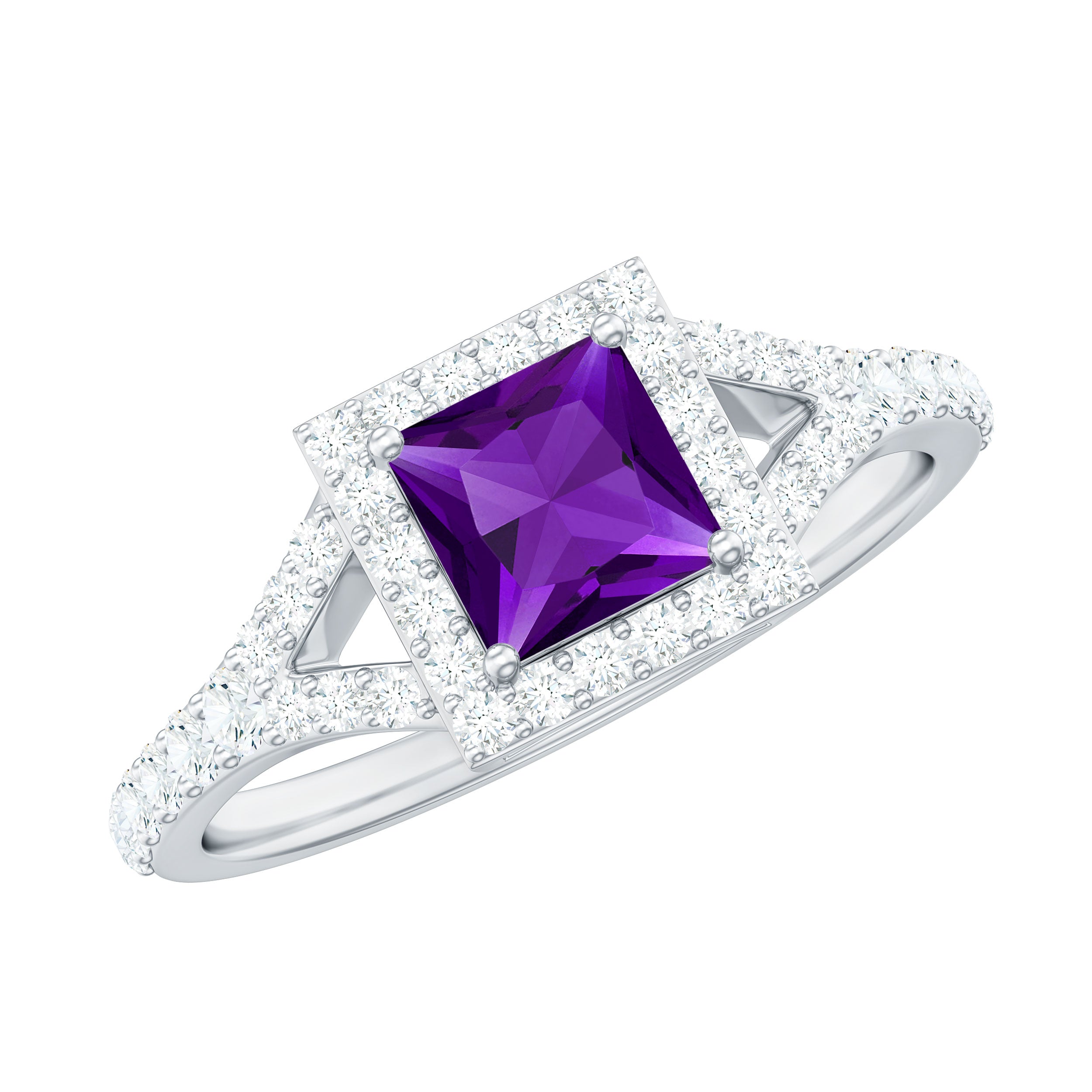1.2 Carat Amethyst Princess Cut Engagement Ring with Moissanite Split Shank AAA - Rosec Jewels
