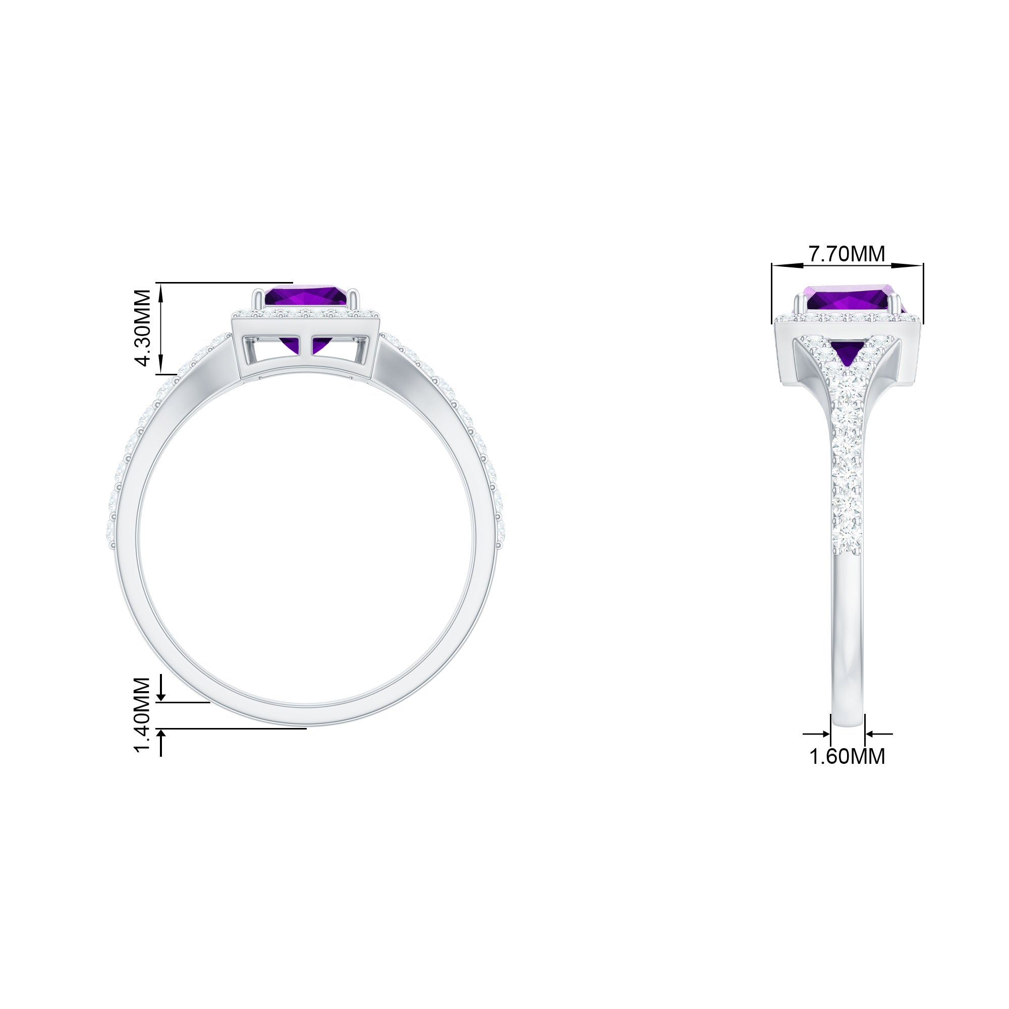 1.2 Carat Amethyst Princess Cut Engagement Ring with Moissanite Split Shank AAA - Rosec Jewels