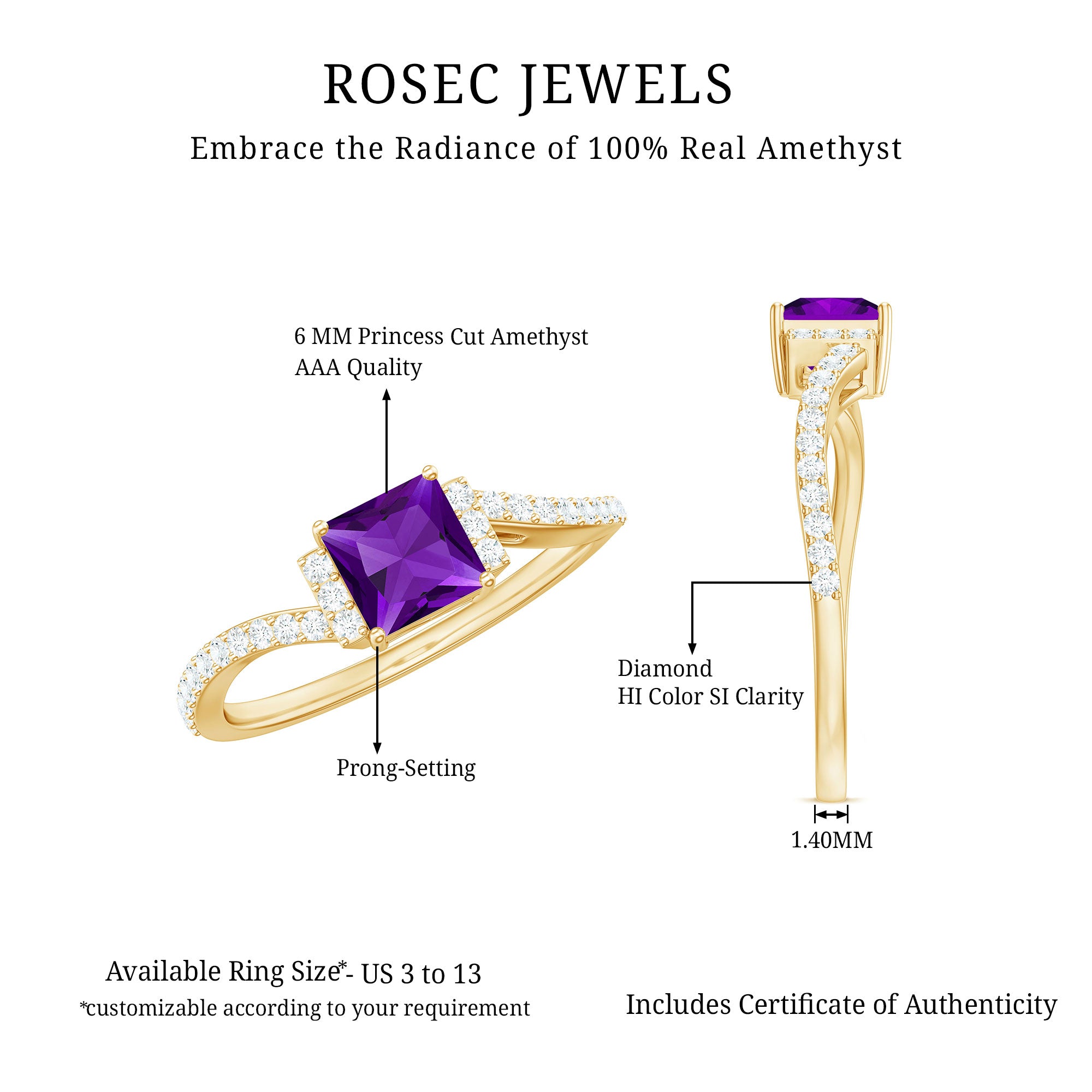 Rosec Jewels-Real 1.2 Carat Amethyst Princess Cut Engagement Ring with Diamond Bypass Shank