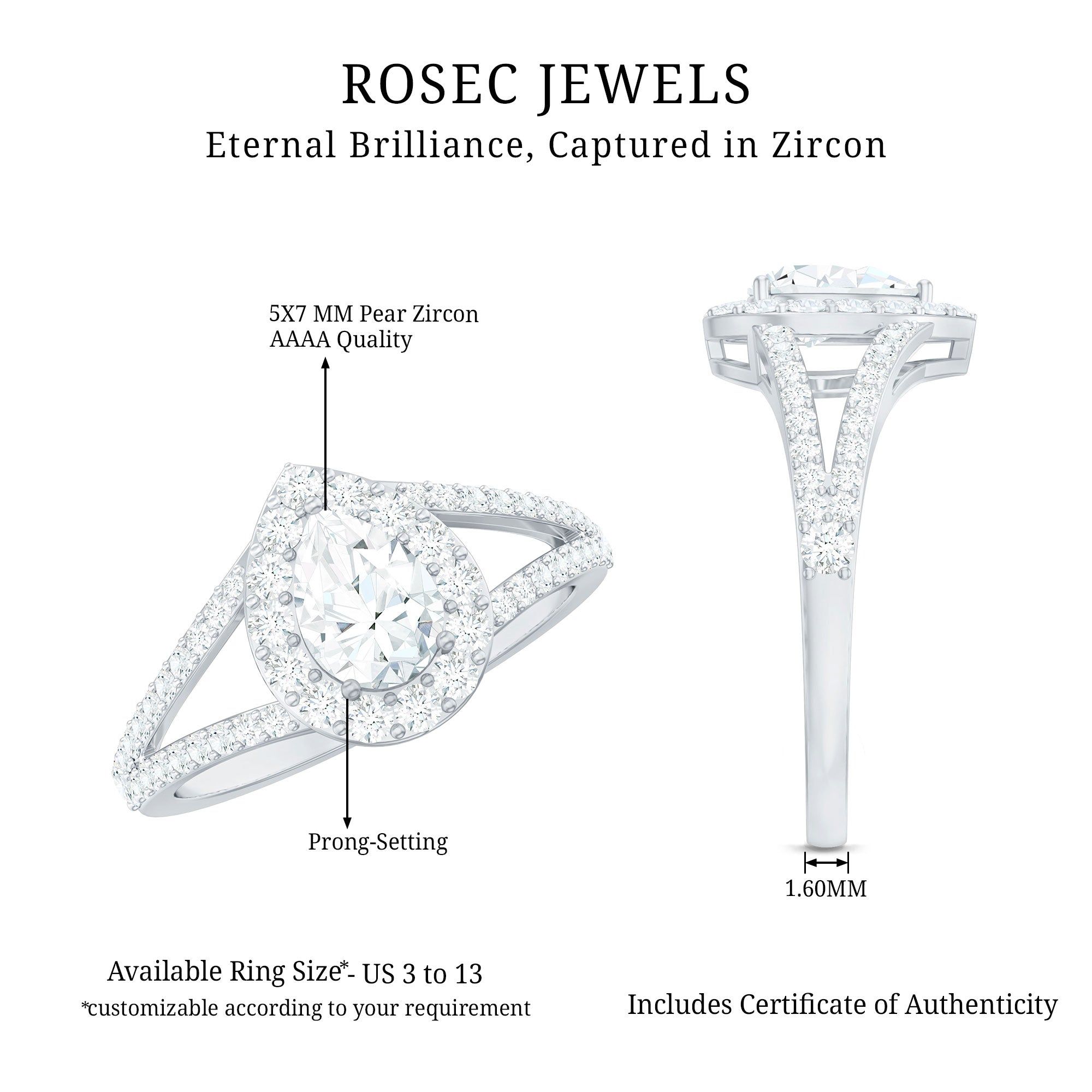 Pear Shape Cubic Zirconia Halo Engagement Ring in Split Shank AAAA - Rosec Jewels