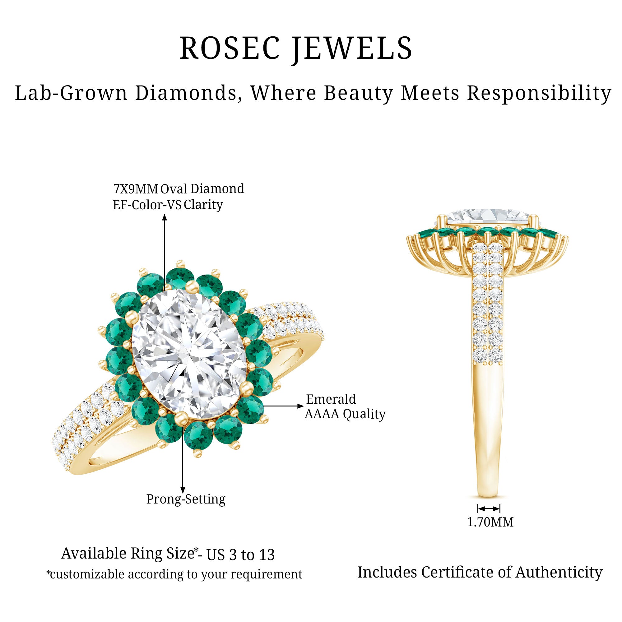 Certified 2 Carat Lab Grown Diamond Engagement Ring with Emerald Halo Lab - ( EF-VS ) - Rosec Jewels