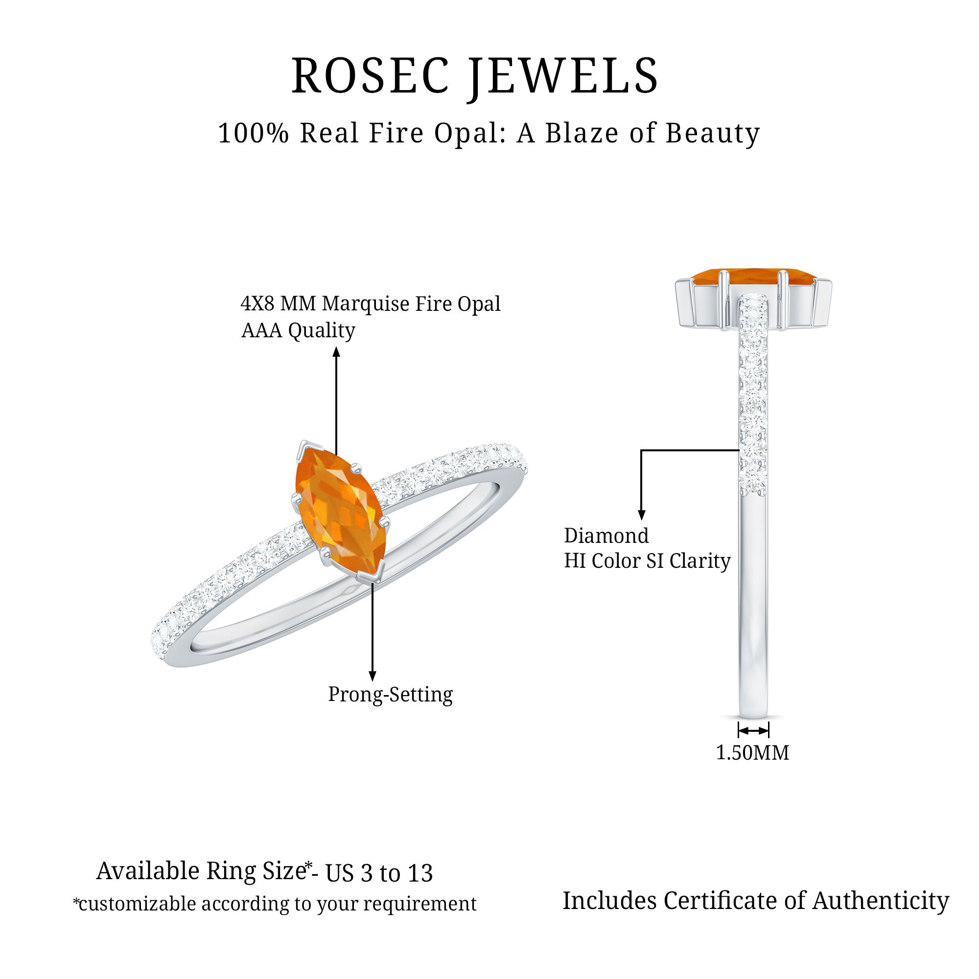 1/2 Ct Fire Opal Marquise Engagement Ring with Diamond AAA - Rosec Jewels