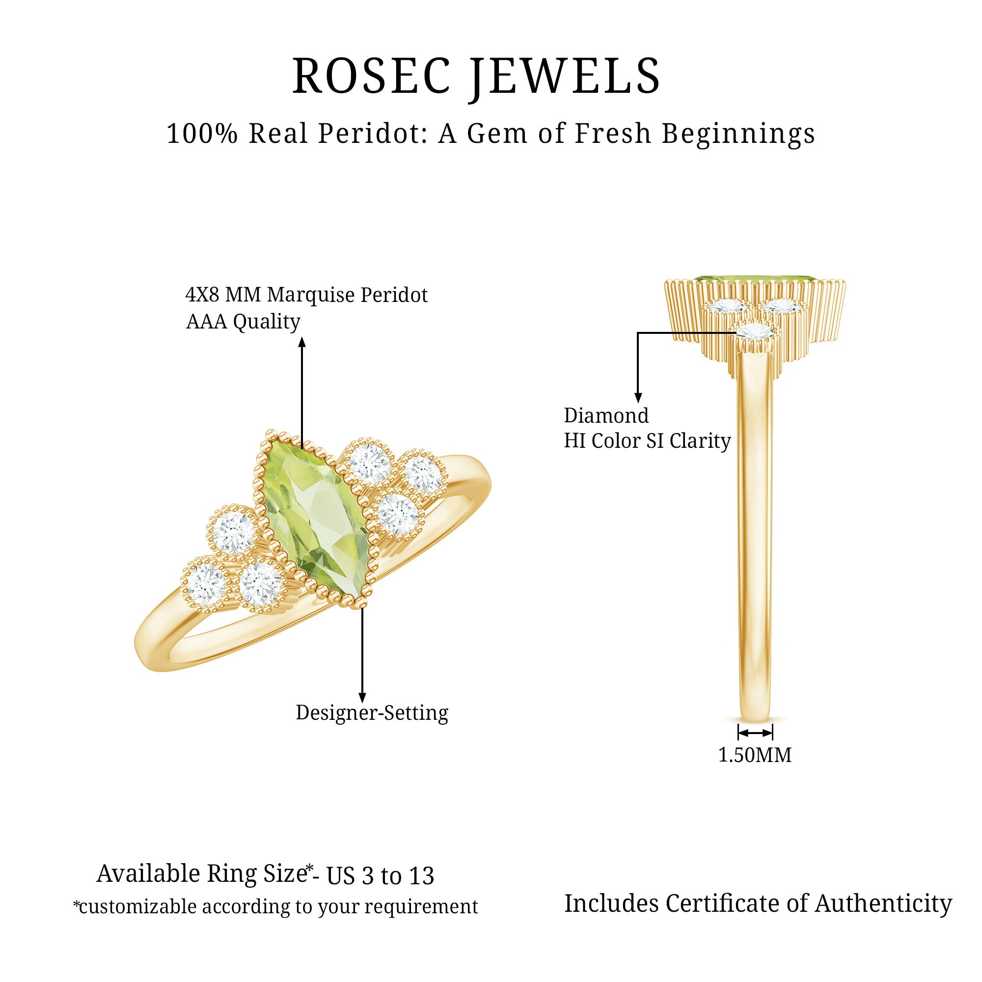 Natural 0.7 Carat Marquise Shape Peridot Engagement Ring with Diamond AAA - Rosec Jewels