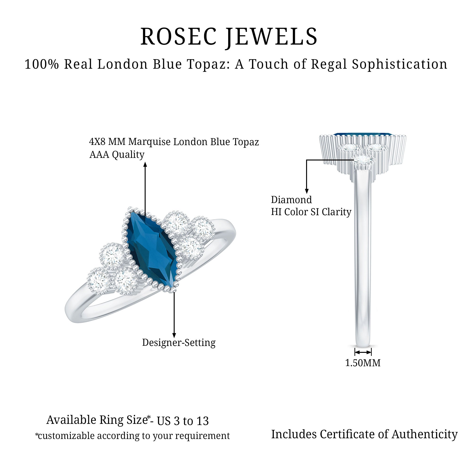 London Blue Topaz Marquise Engagement Ring with Diamond Trio AAA - Rosec Jewels